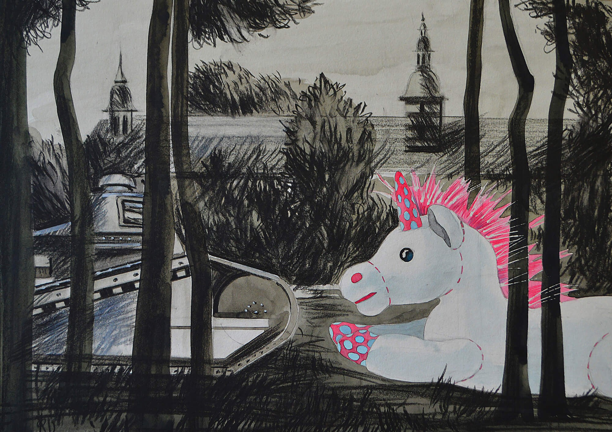 The parking, 29/42, mixed media on paper, 2019