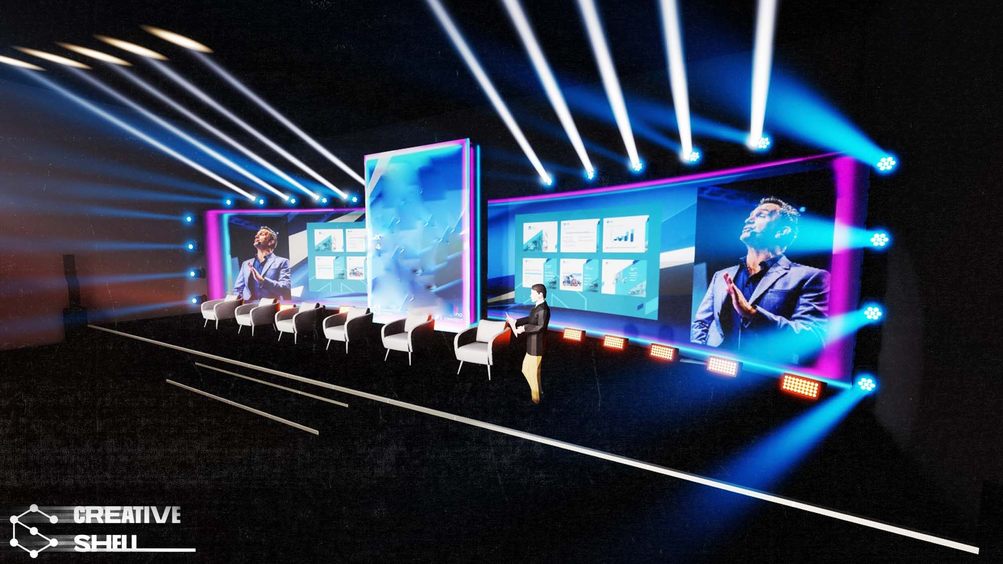 3D visualization of the event in Capture. The model integrates all the equipment to be used at the event, including lighting devices, screens, stages, and decorations. We provide the client with ready-made renders and layouts in the required format.