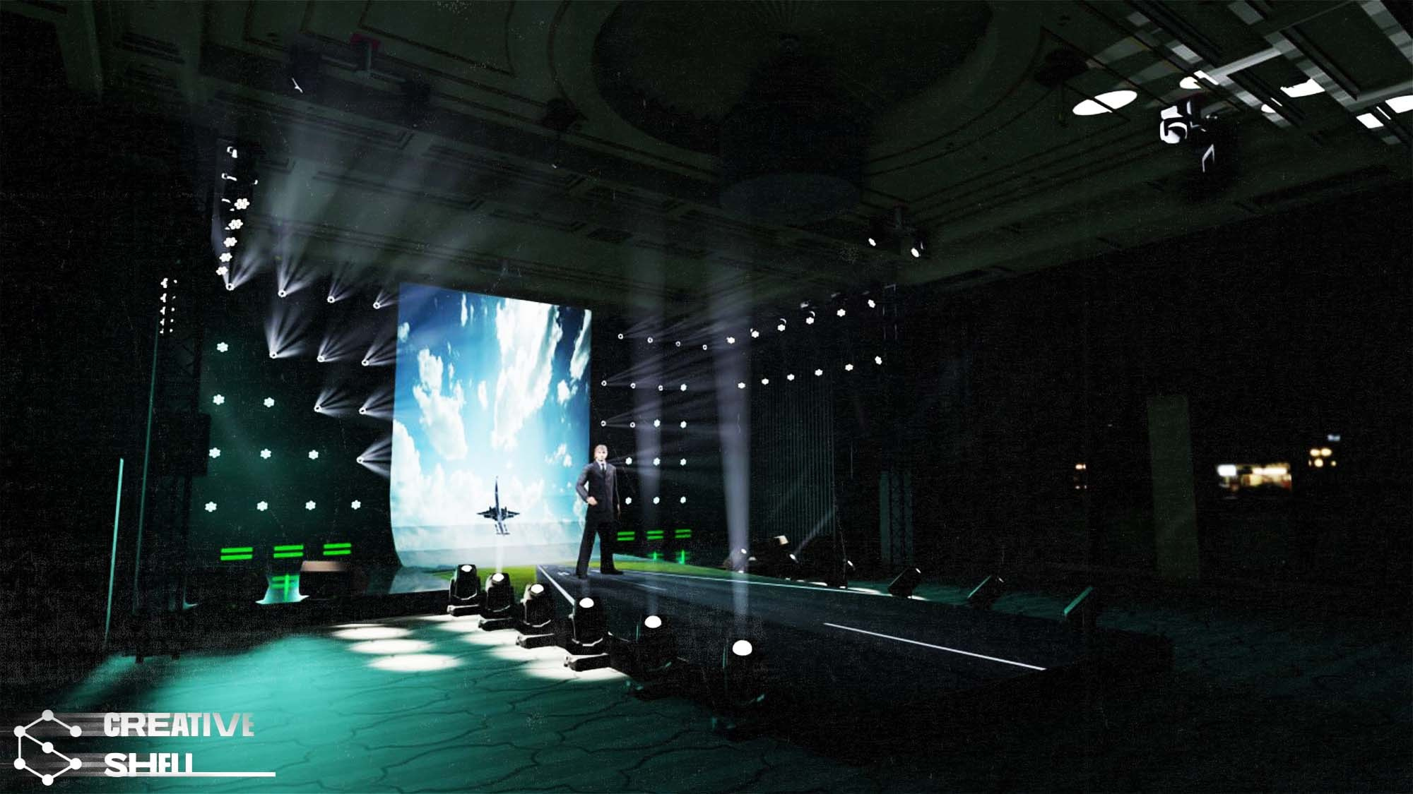 3D design of stages and decorations in Capture. The model integrates all the equipment to be used at the event, including lighting devices, screens, stages, and decorations. We provide the client with ready-made renders and layouts in the required format.