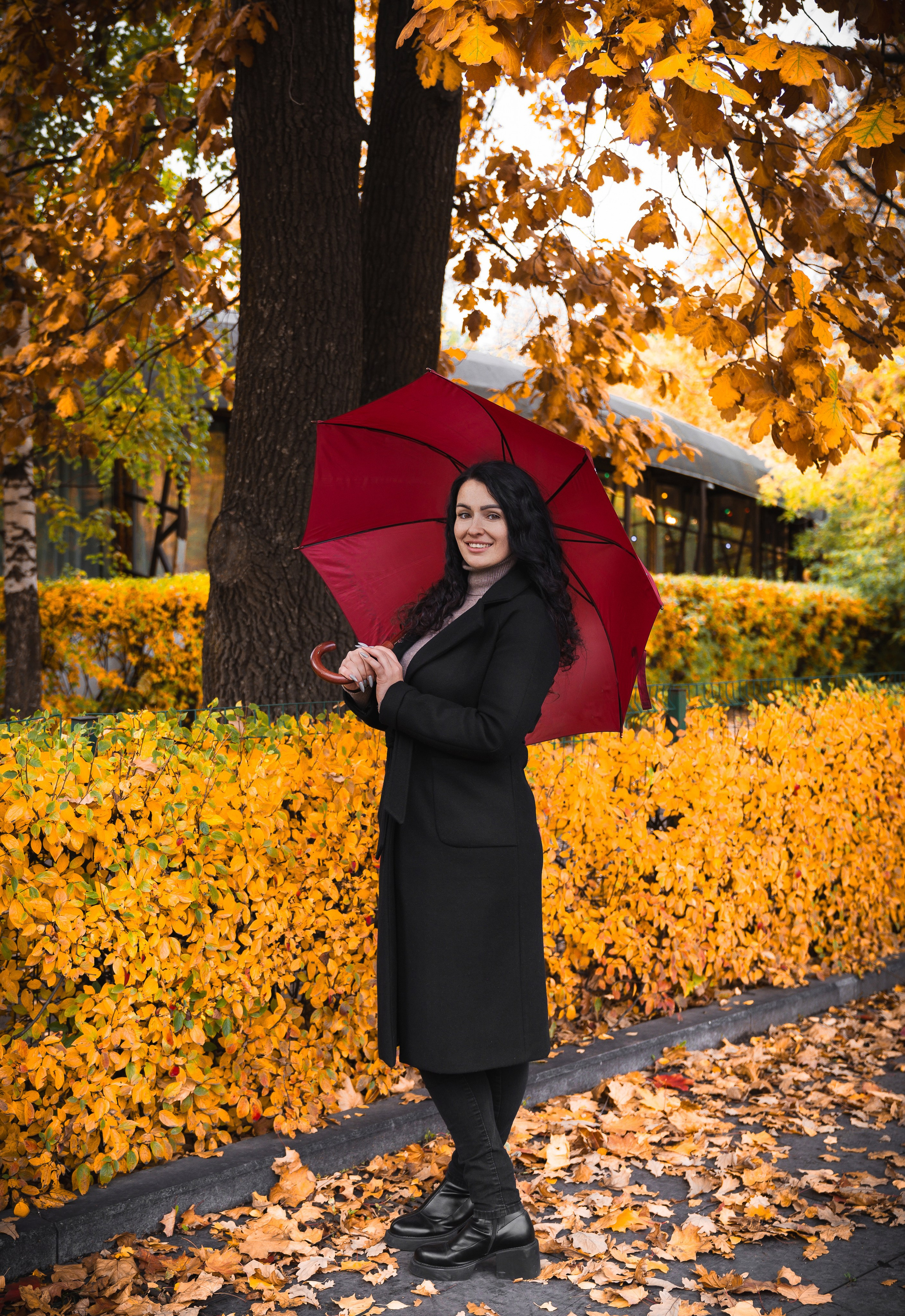Осенний Санкт-Петербург. Летний Сад. Красивая девушка в чёрном пальто и сером свитере держит красный зонт с деревянной ручкой на фоне осеннего парка и жёлтых деревьев. Фотограф Мальцев Евгений.