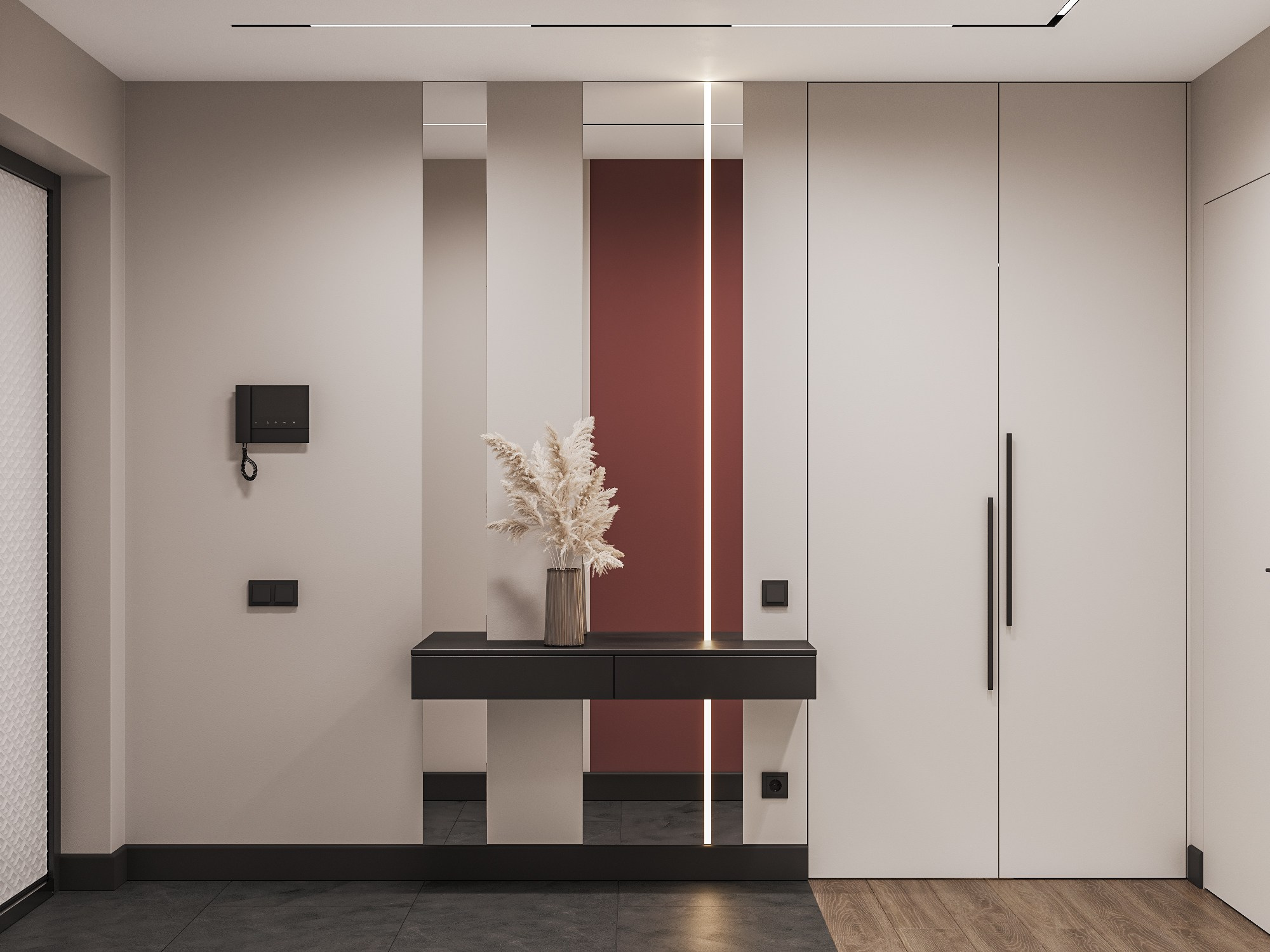 Интерьерная визуализация яркой прихожей с большим зеркалом