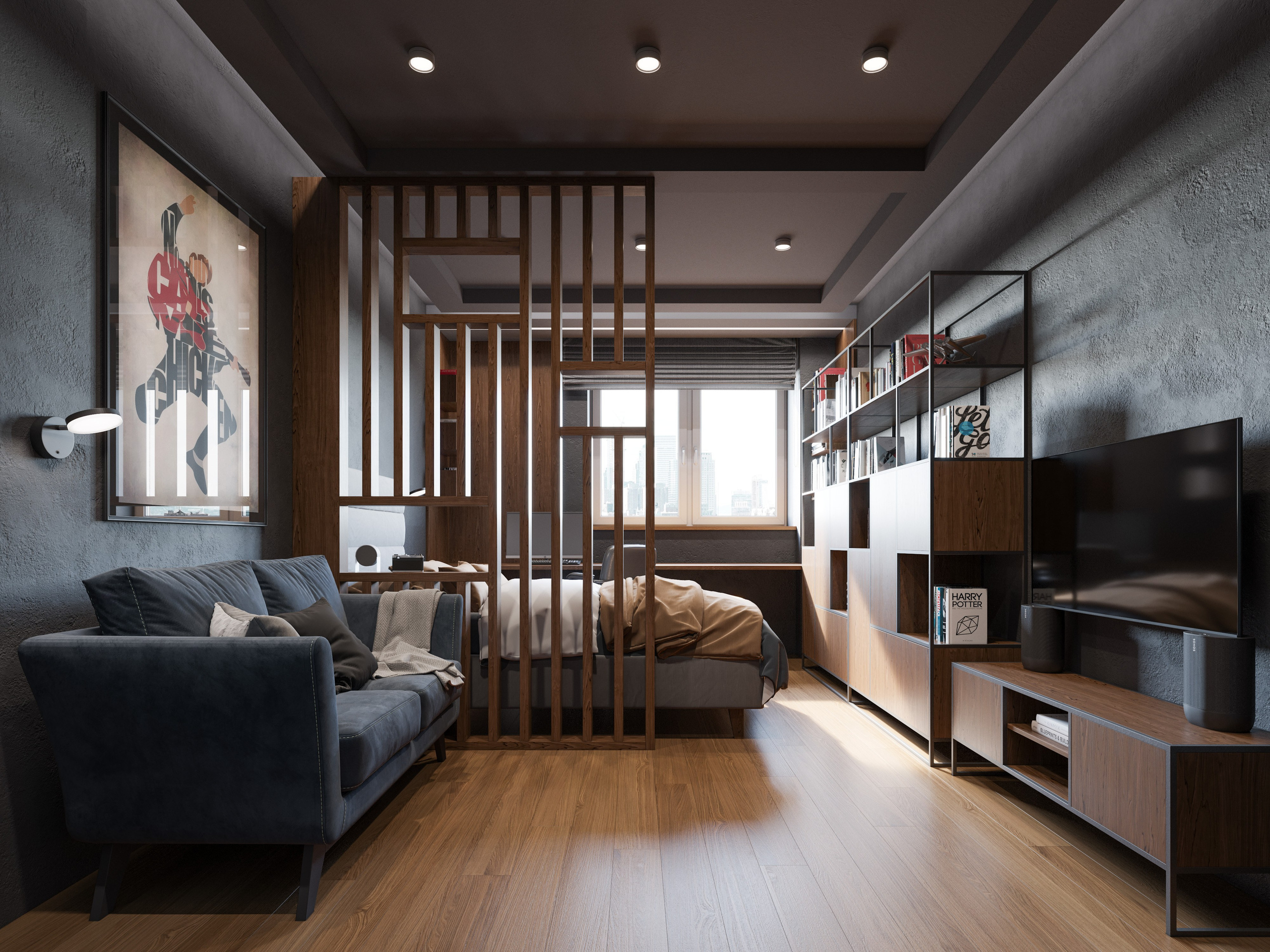 3D визуализация интерьера спальни с мягкой кроватью и рабочим местом