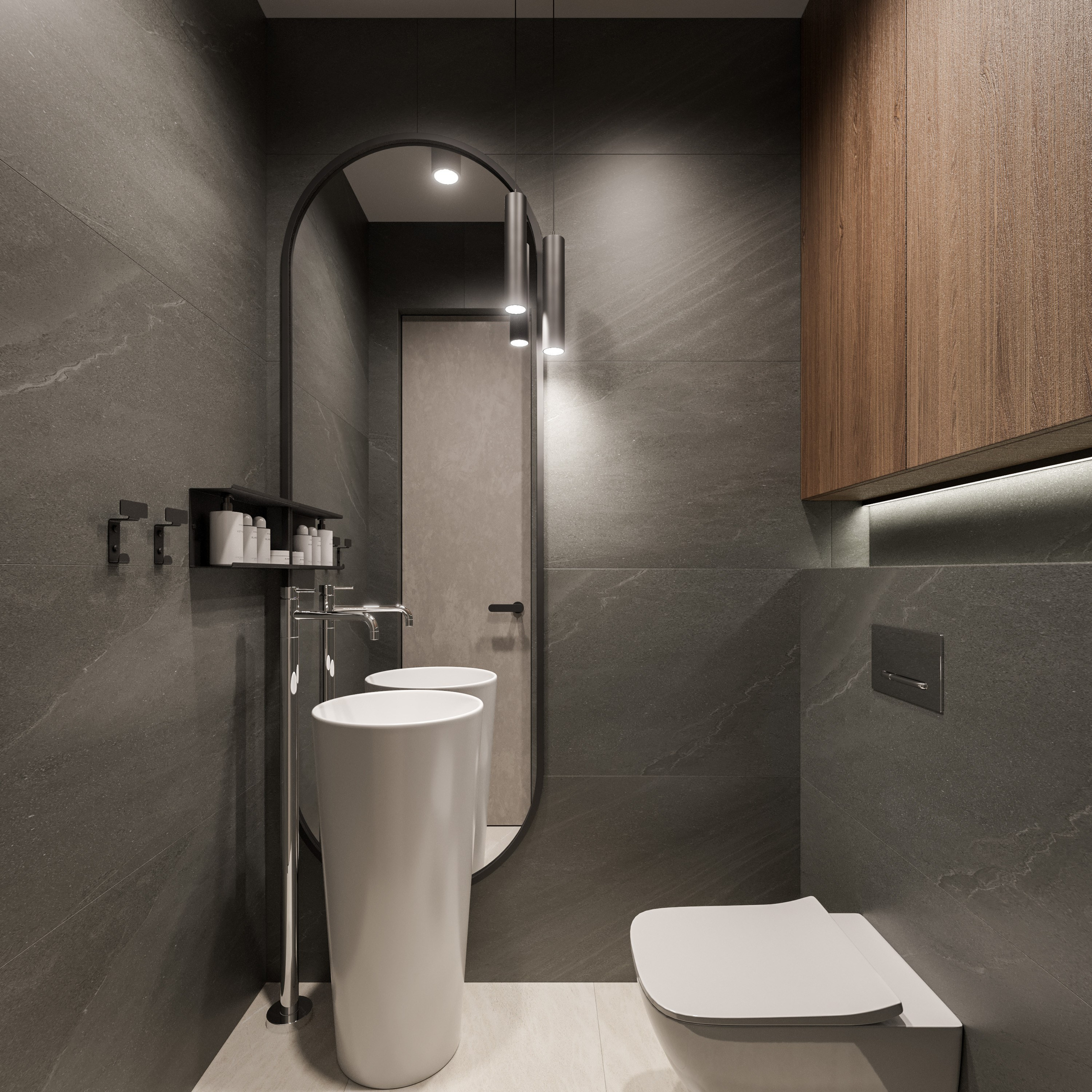 Санузел с графитовым керамогранитом и деревянным шкафом в современном стиле