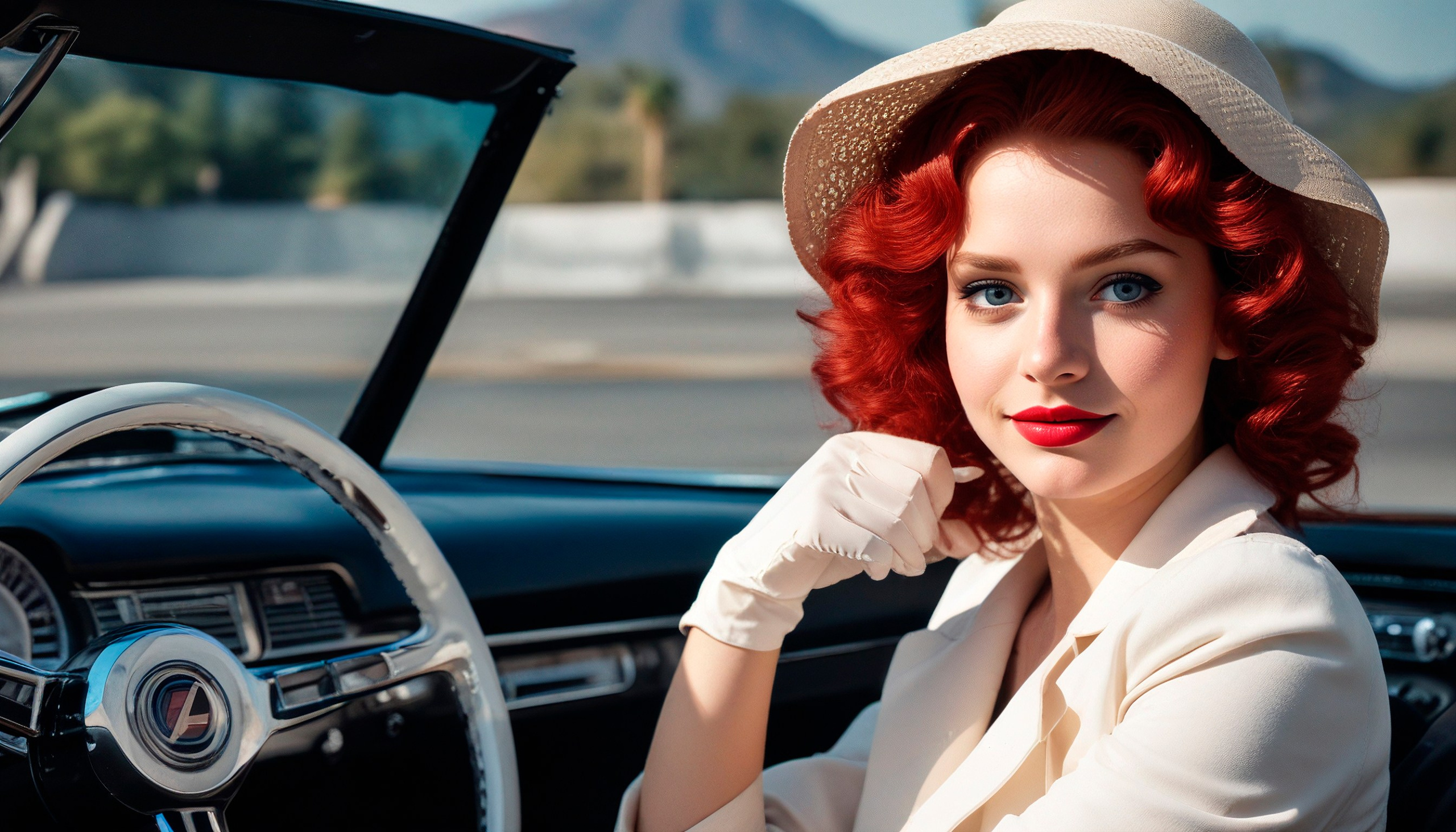 A girl in a hat, white dress and gloves in the cabin of an open car, America of the 50s..