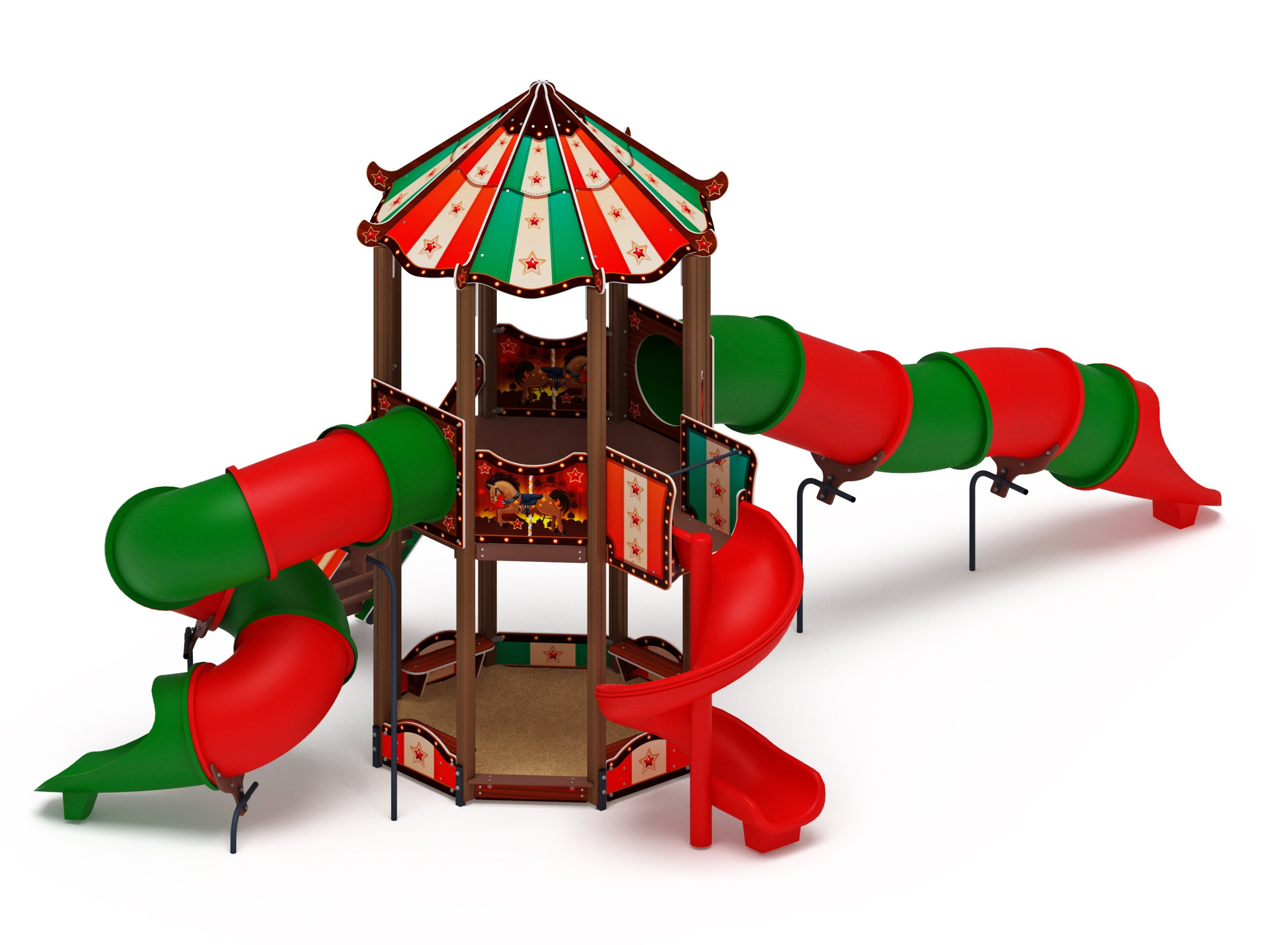 Карнавал (Шапито) - ДИК 2.22.01-01.И1 - Игровой комплекс H=2000                                                                                                         Габариты (ШхДхВ) 8700x6300x5100                                                                                                                                                                       Зона безопасности, мм 10300х12200                                                                                                                                                                      Скат горки H=2000 (винтовой скат) / H=2000 (тоннельный прямой скат)                                                                                    Возрастные ограничения от 5 до 12 лет