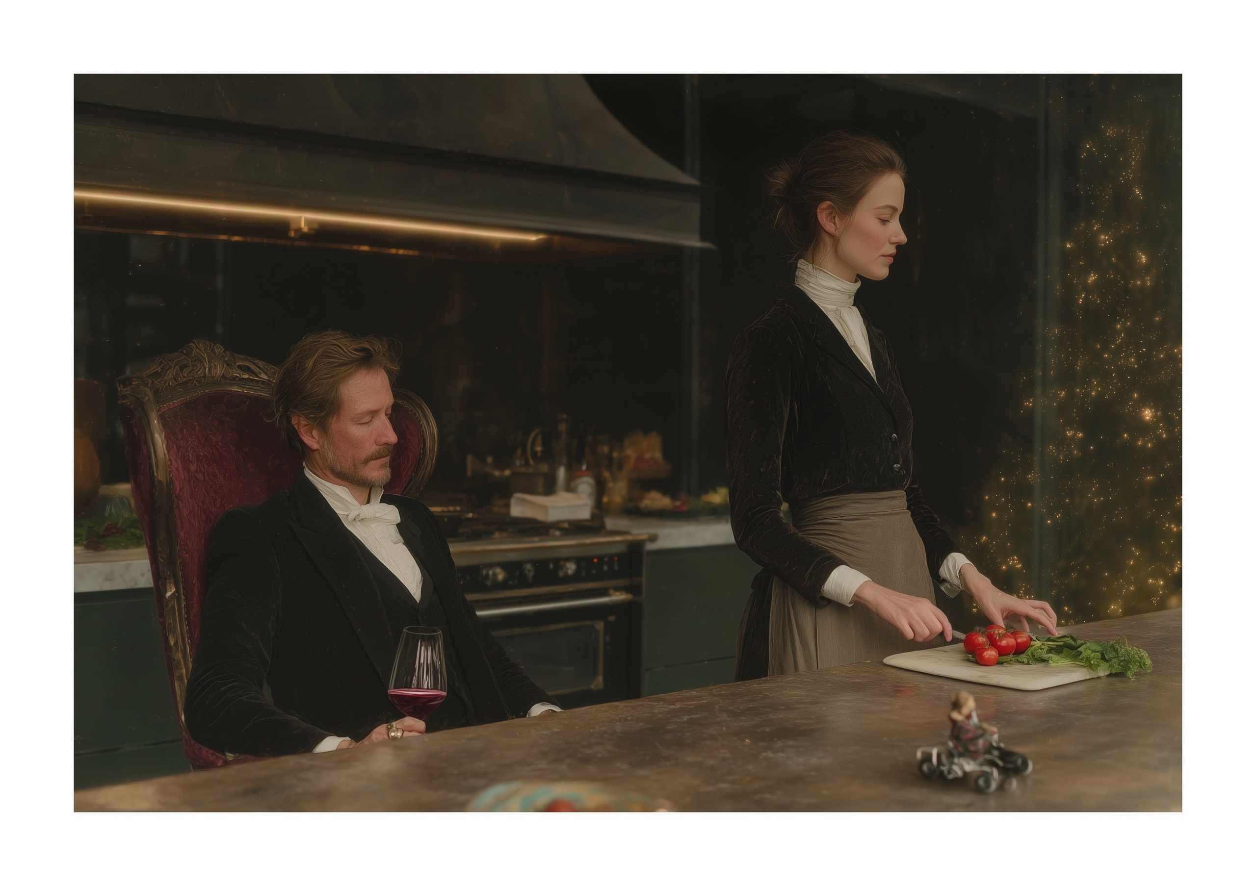 A man in a formal evening suit dozes in a chair holding a glass of wine, while a woman in simple clothing stands at a kitchen counter cutting vegetables; the scene is lit with soft, warm light, emphasizing the contrast between rest and labor. The image, ironically titled “equality,” satirically highlights inequality — the man is at ease while the woman performs domestic work, revealing an underlying imbalance of roles and responsibilities. (Равноправие - Мужчина в строгом вечернем костюме дремлет в кресле с бокалом вина в руке, пока женщина в простой одежде стоит у кухонного стола и режет овощи; сцена освещена мягким тёплым светом, подчёркивающим контраст между покоем и трудом. Картина с ироничным названием «равноправие» сатирически показывает неравенство — мужчина отдыхает, в то время как женщина выполняет работу, обнажая скрытый дисбаланс ролей и обязанностей.)