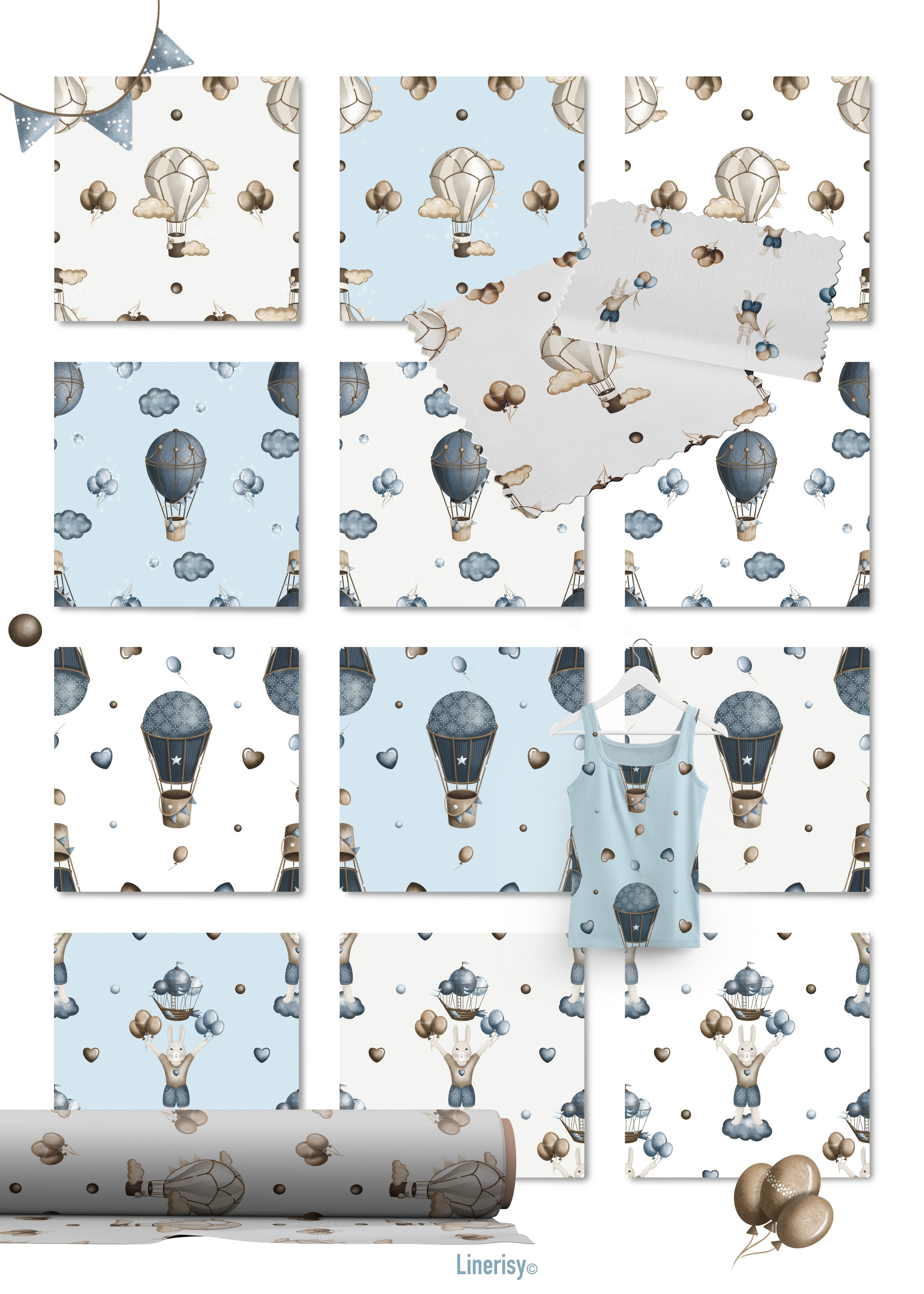 Коллекция «Зайка на воздушном шаре» — графические иллюстрации, композиции и бесшовные паттерны. Художник-иллюстратор Евгения Бекренёва