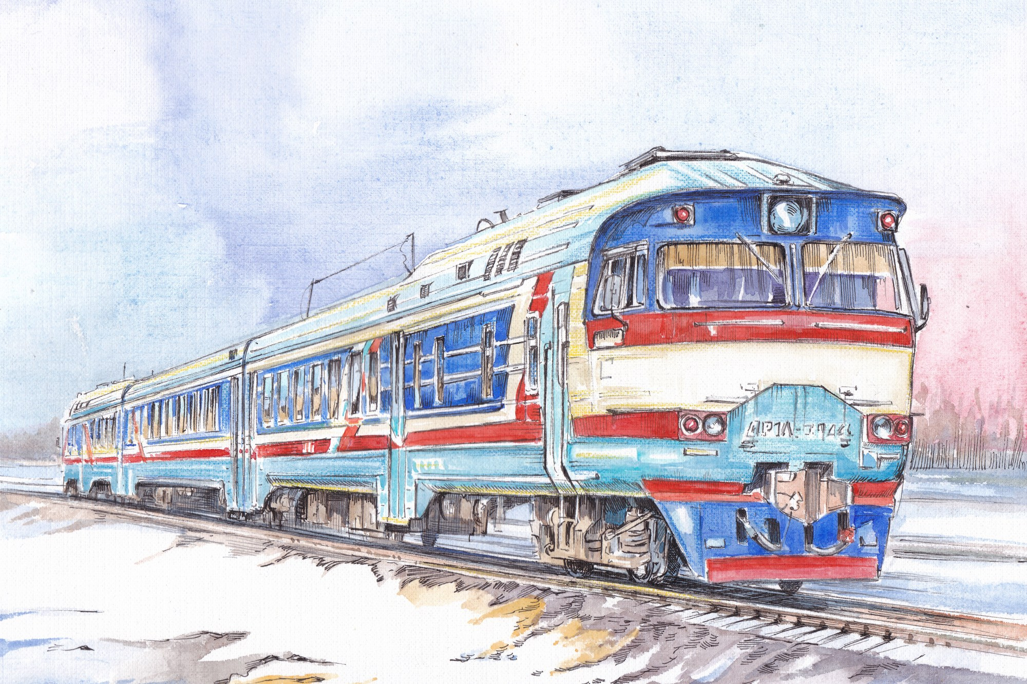 Пригородные поезда. Художник Александр Петрунин