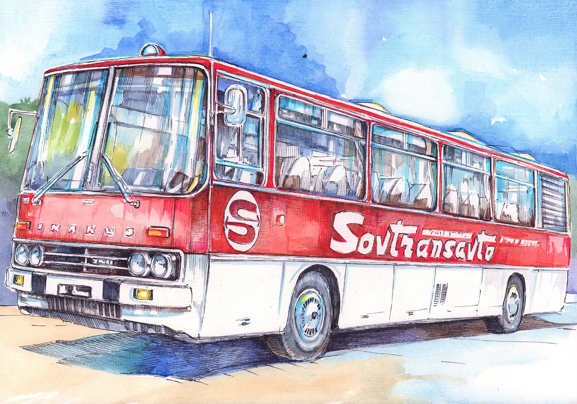 Икарус "Совтрансавто".Акварель, тушь, 2023