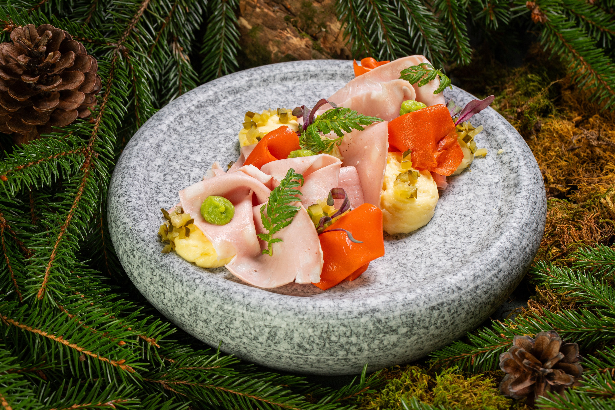 Салат оливье в ресторанной подаче. Стилизация в лесном стиле с еловыми ветками, шишками и мхом.