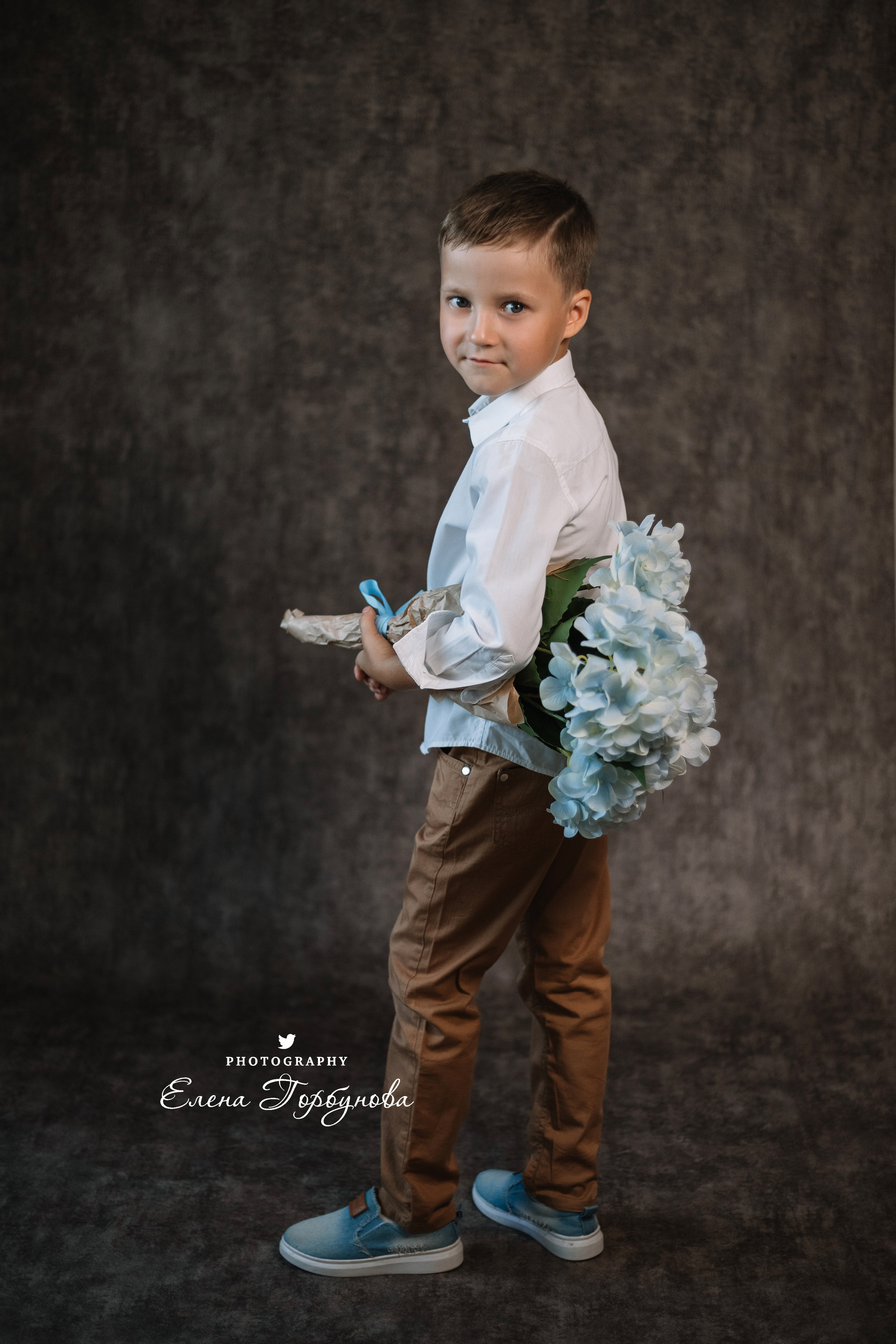 Мальчик позирует на стуле с цветами голубая гортензия. детская фотосессия, детский портрет, фотосессия в садике, фотосессия в студии, детский фотограф пермь Елена Горбунова.