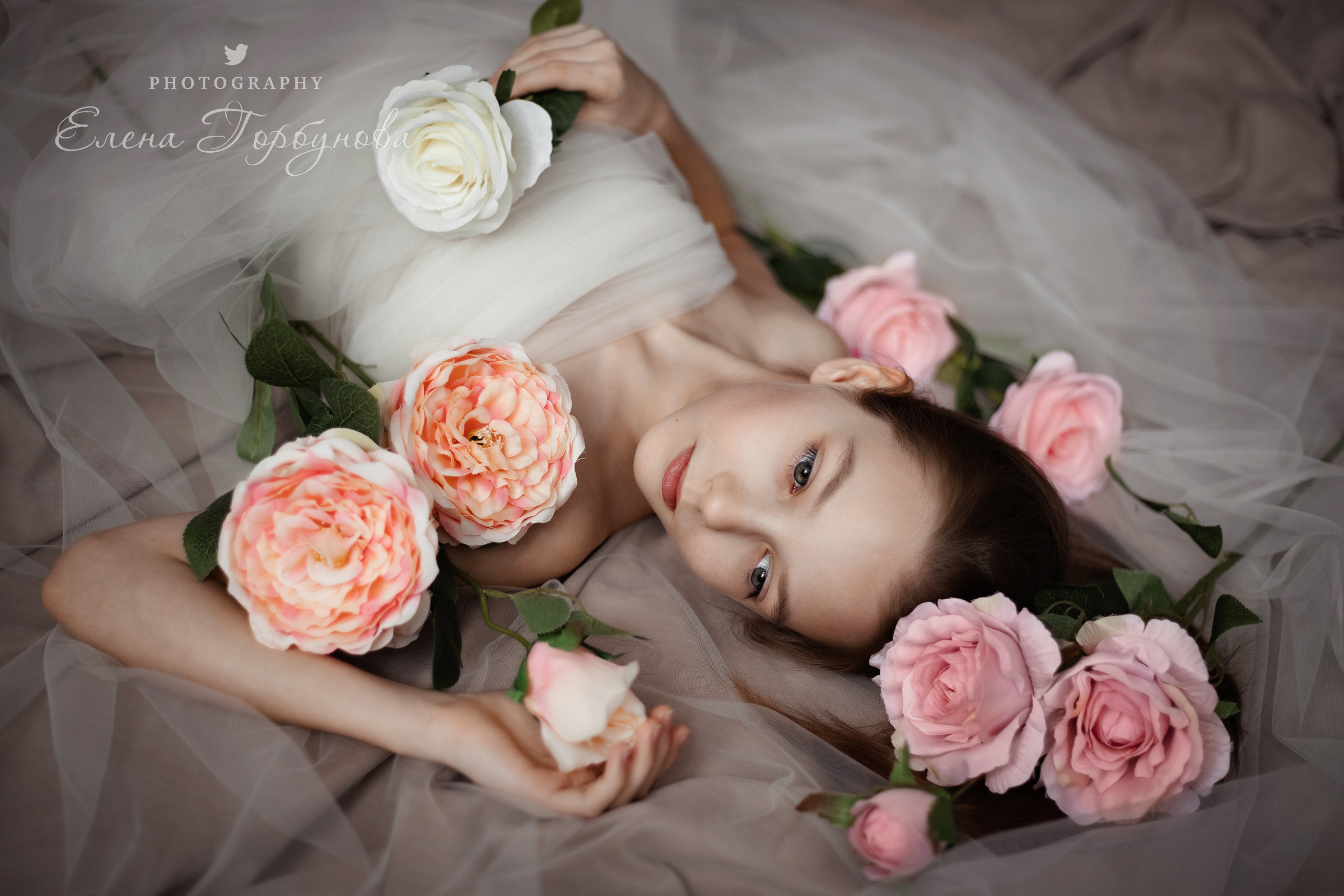 девочка подросток в студии в фатине с розами с цветами позируем. нежная детская фотосессия 