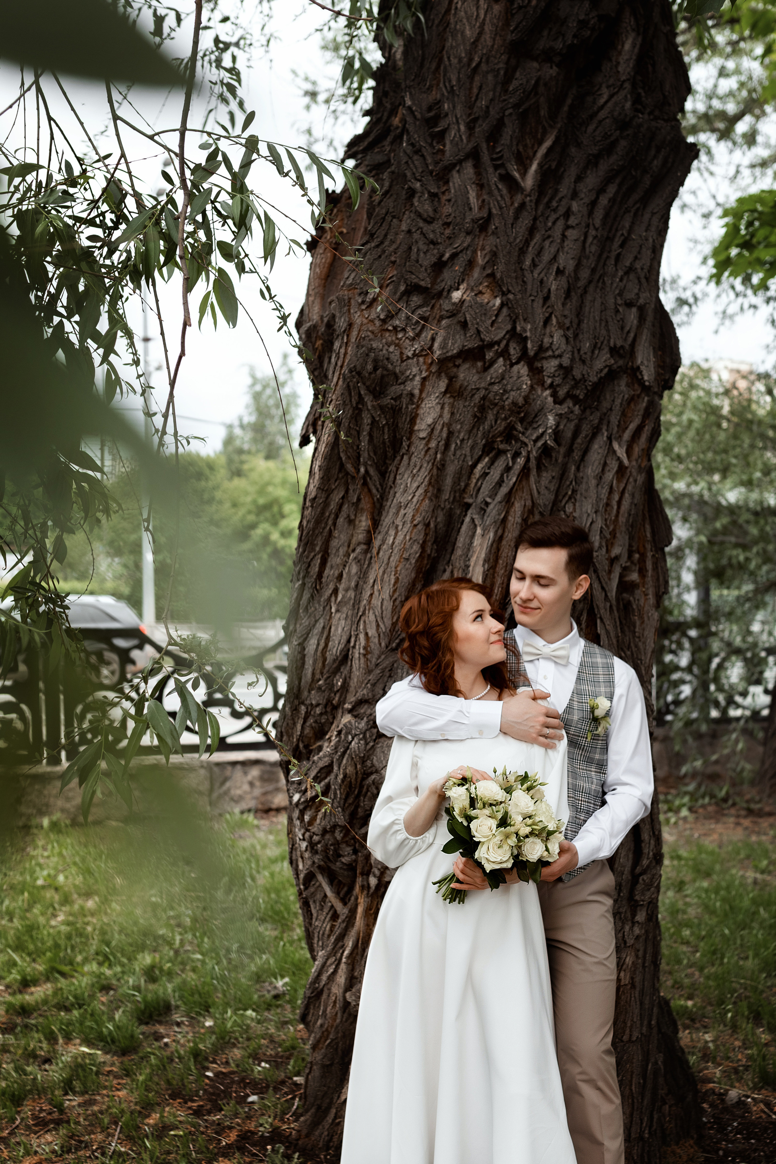 Молодожены на свадебной фото прогулке целуются у широкого ствола дерева
