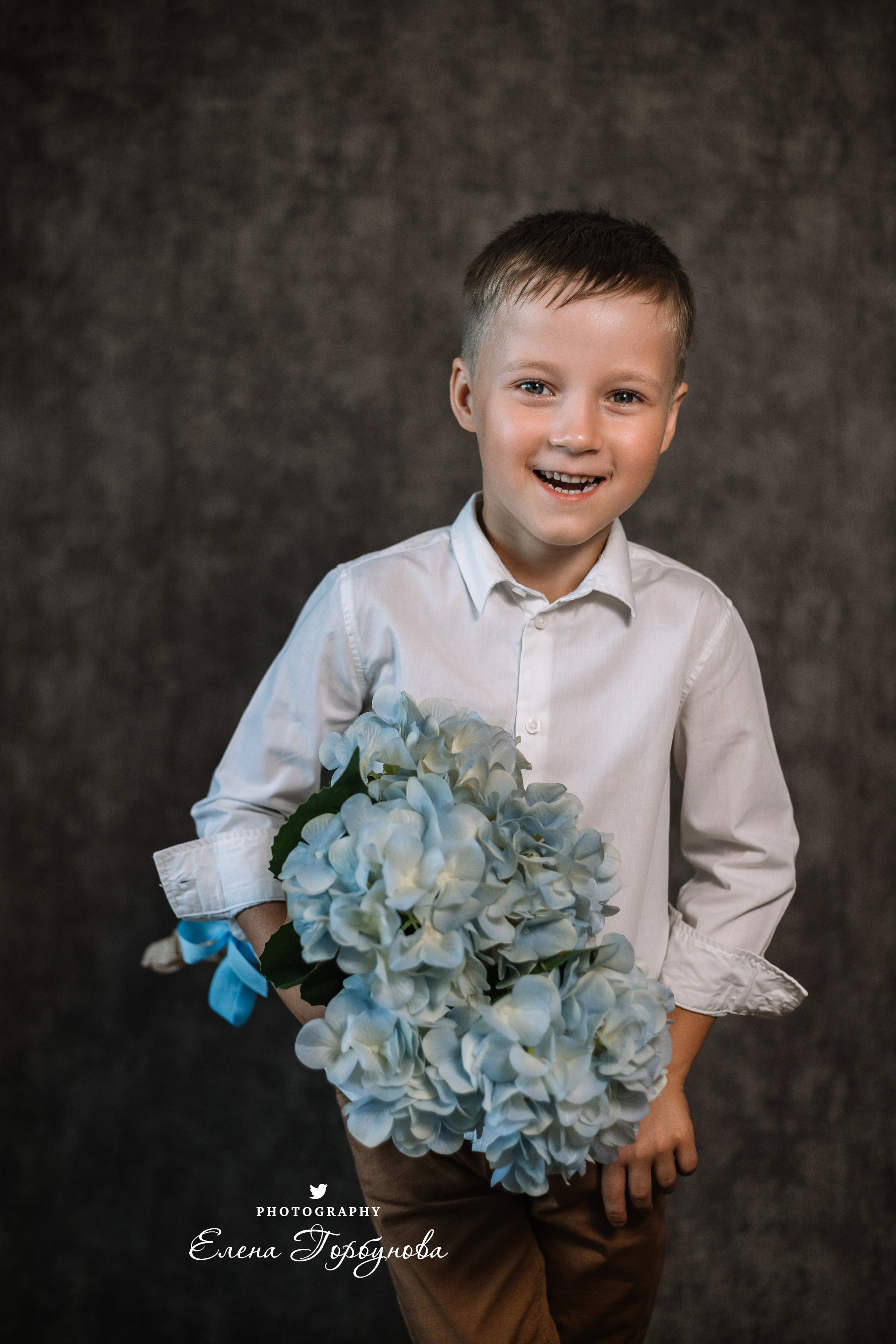 Мальчик позирует на стуле с цветами голубая гортензия. детская фотосессия, детский портрет, фотосессия в садике, фотосессия в студии, детский фотограф пермь Елена Горбунова.