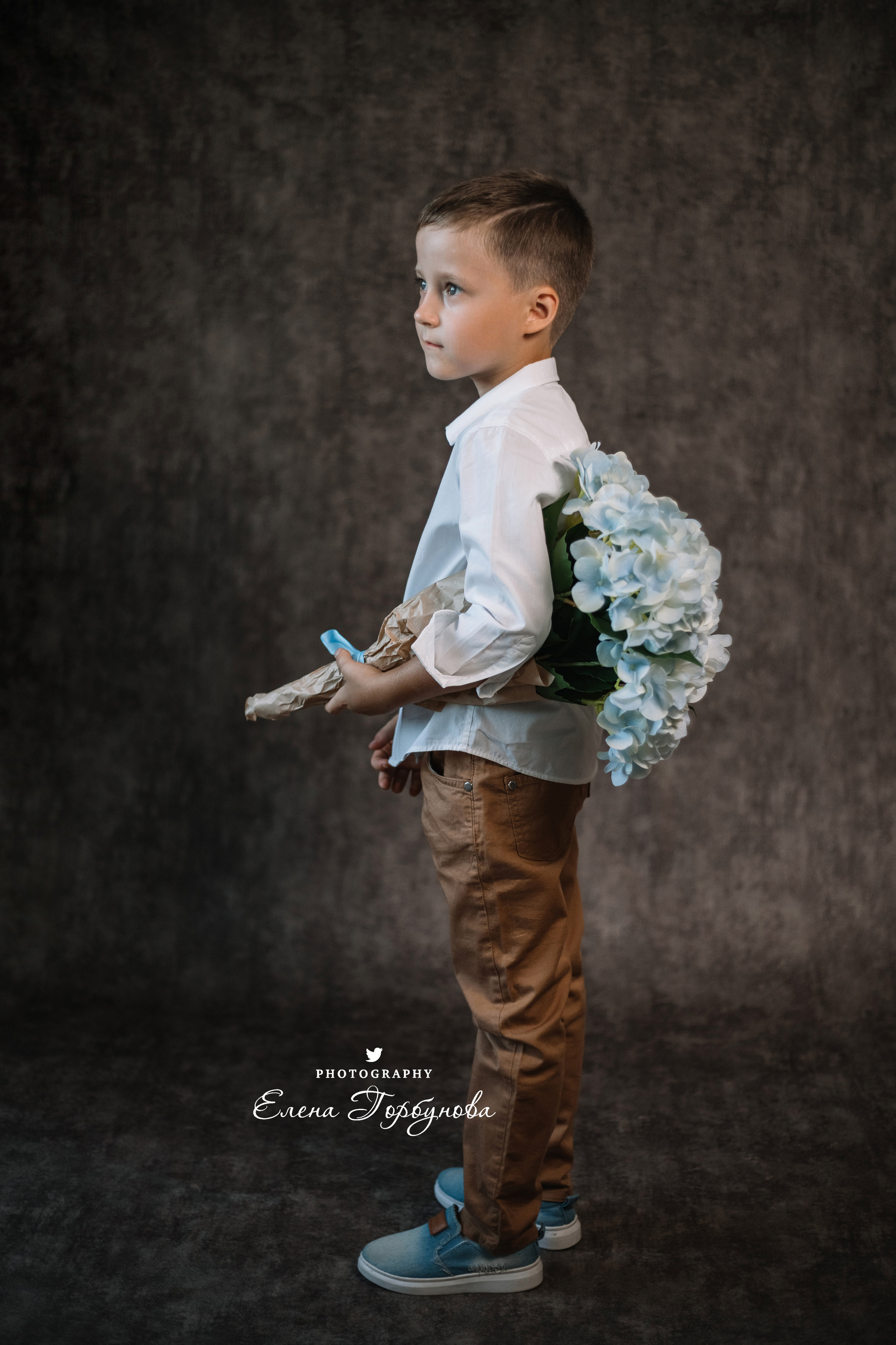 Мальчик позирует на стуле с цветами голубая гортензия. детская фотосессия, детский портрет, фотосессия в садике, фотосессия в студии, детский фотограф пермь Елена Горбунова.