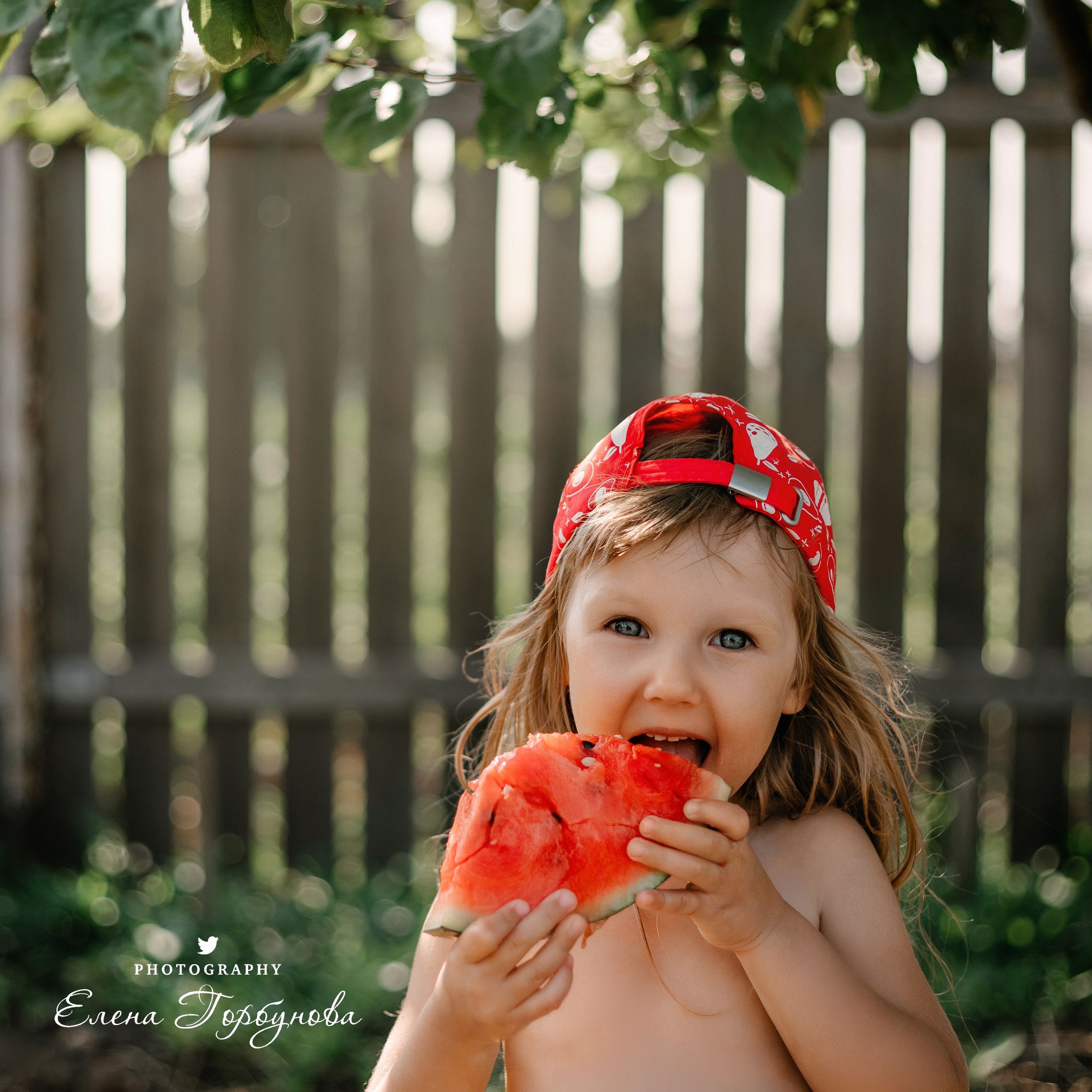 Детская фотосессия на природе на даче летом с сочным арбузом под яблоней