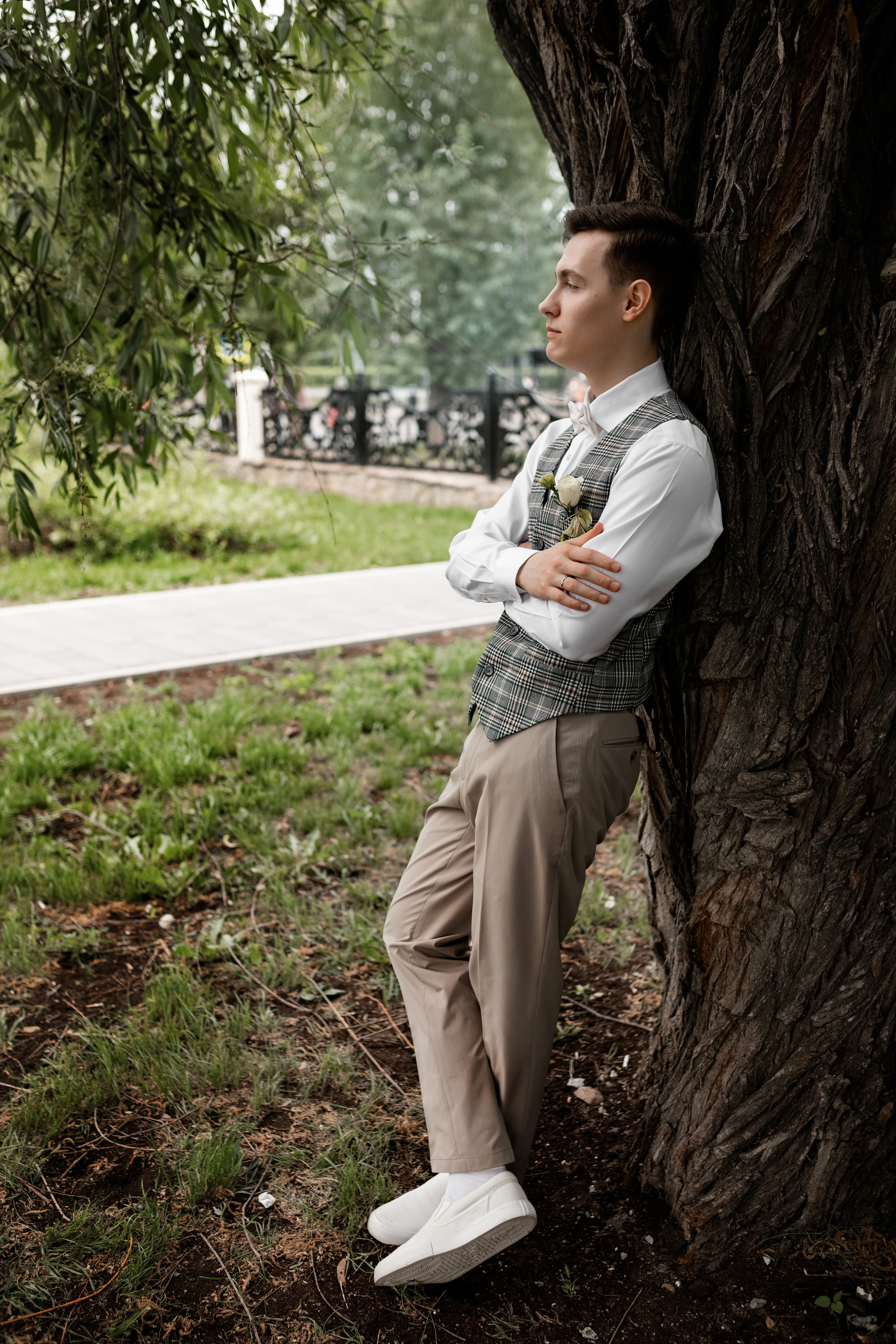 жених позирует у ствола широкого дерева