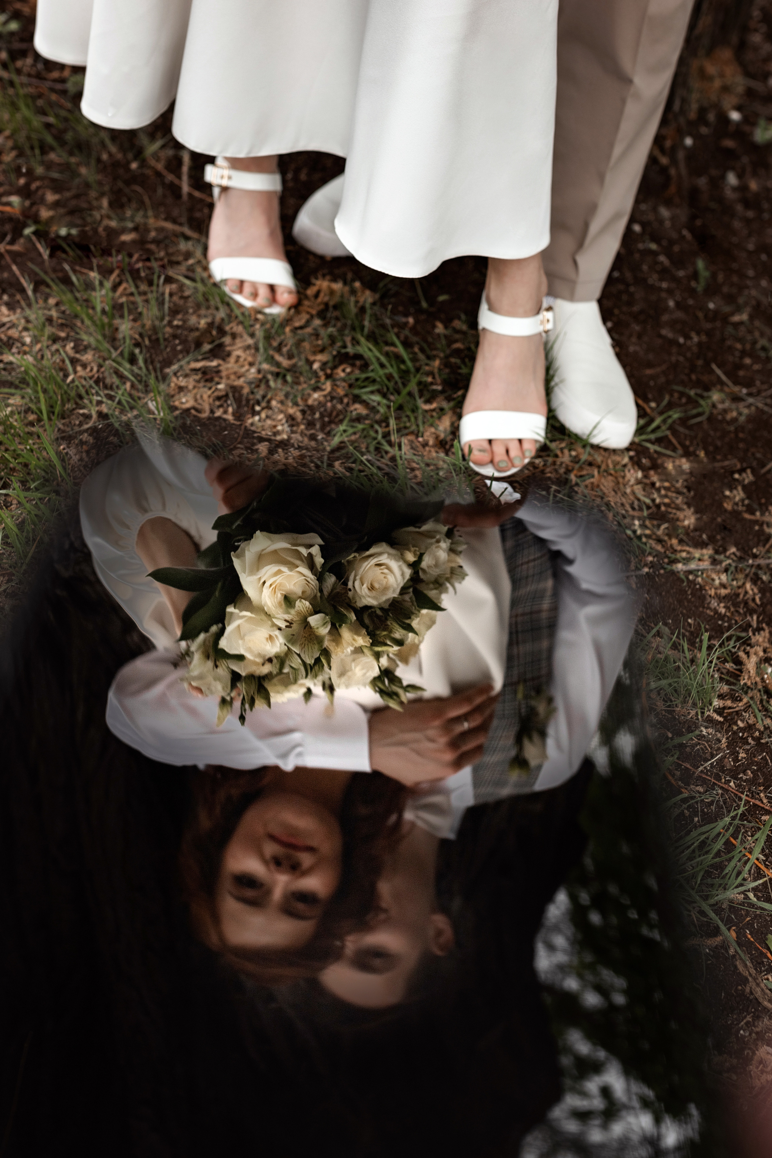 Молодожены на свадебной фото прогулке целуются у широкого ствола дерева