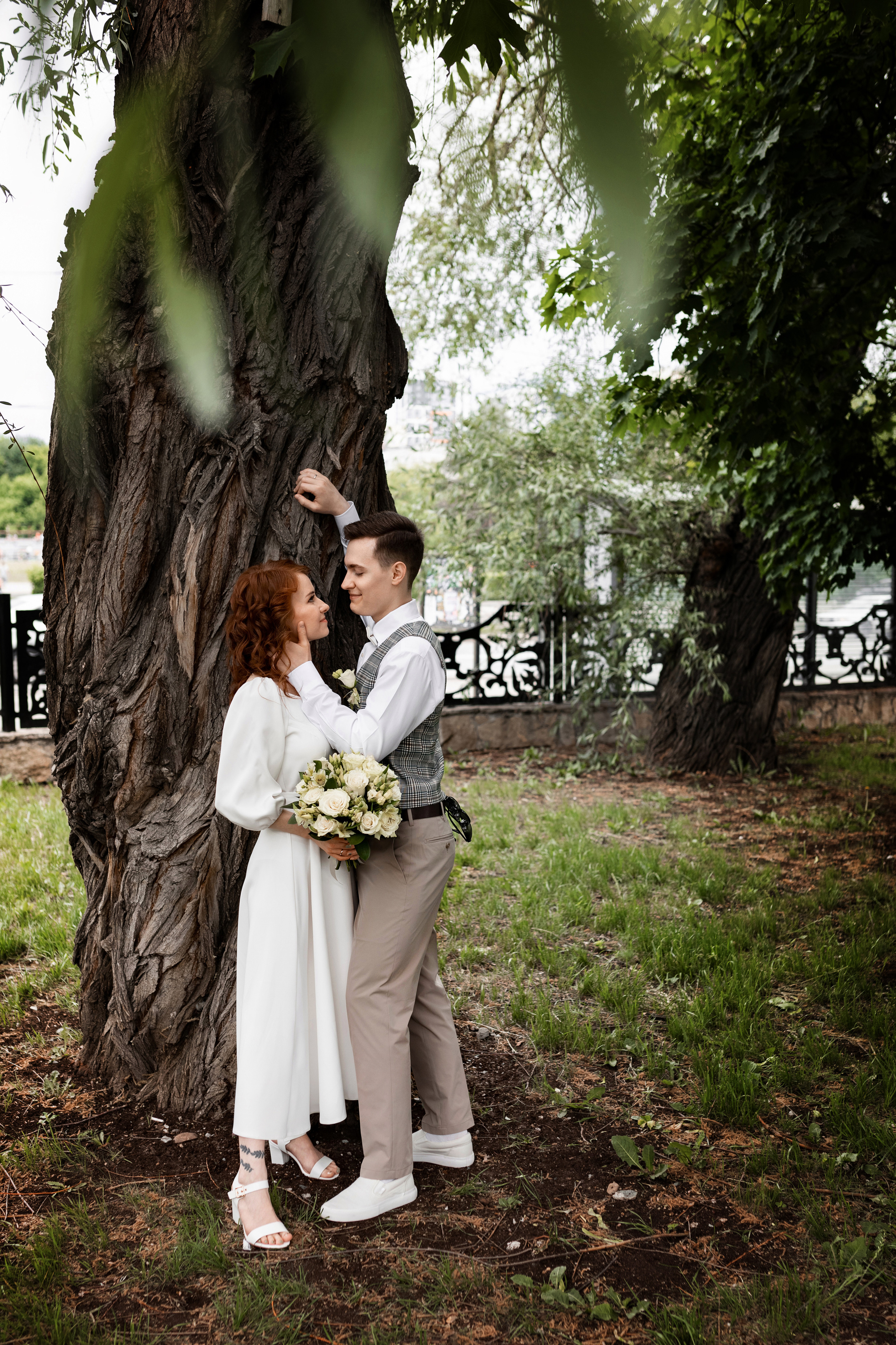 Молодожены на свадебной фото прогулке целуются у широкого ствола дерева