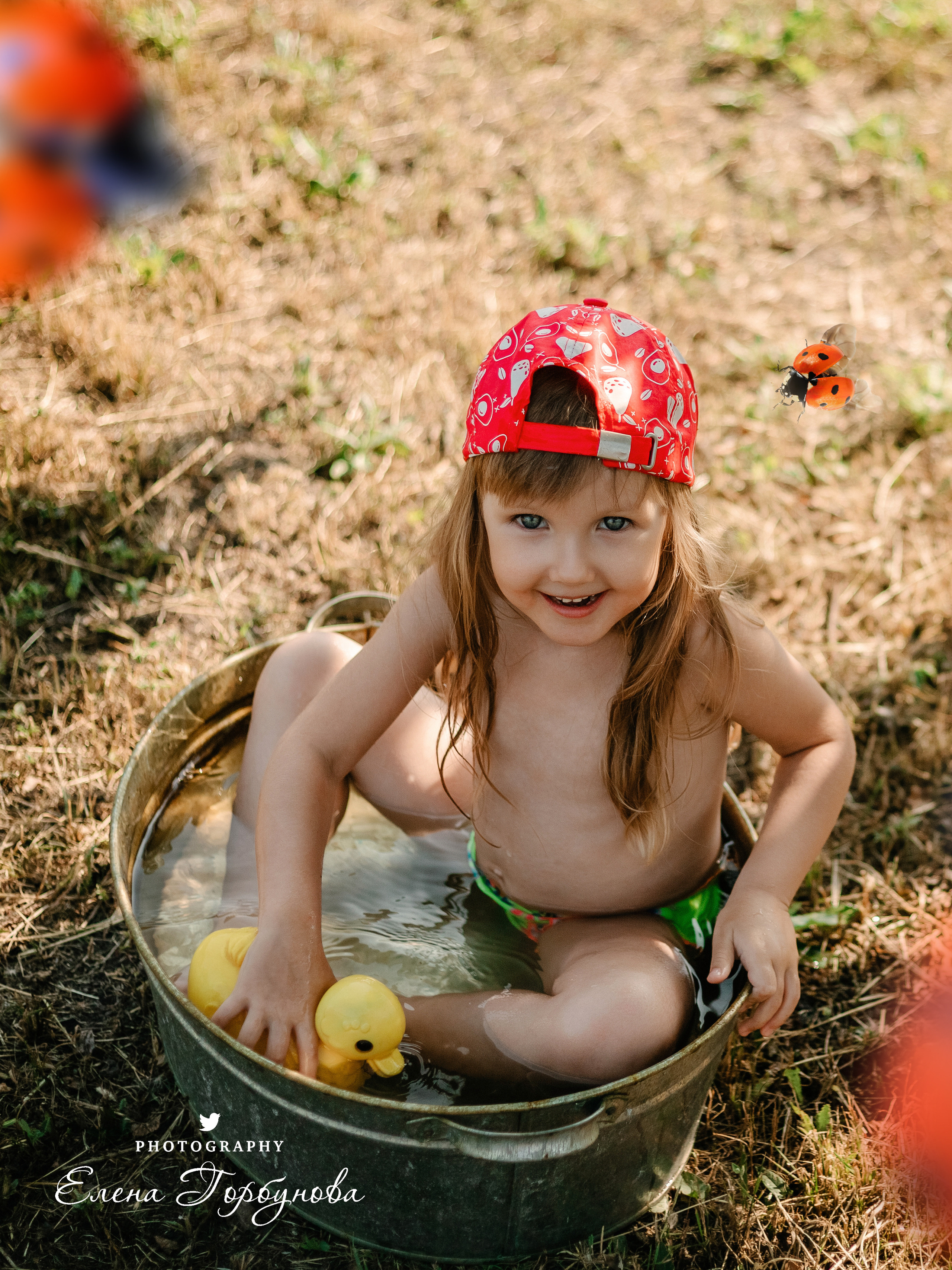 Детская фотосессия на природе на даче летом а тазике с божьими коровками
