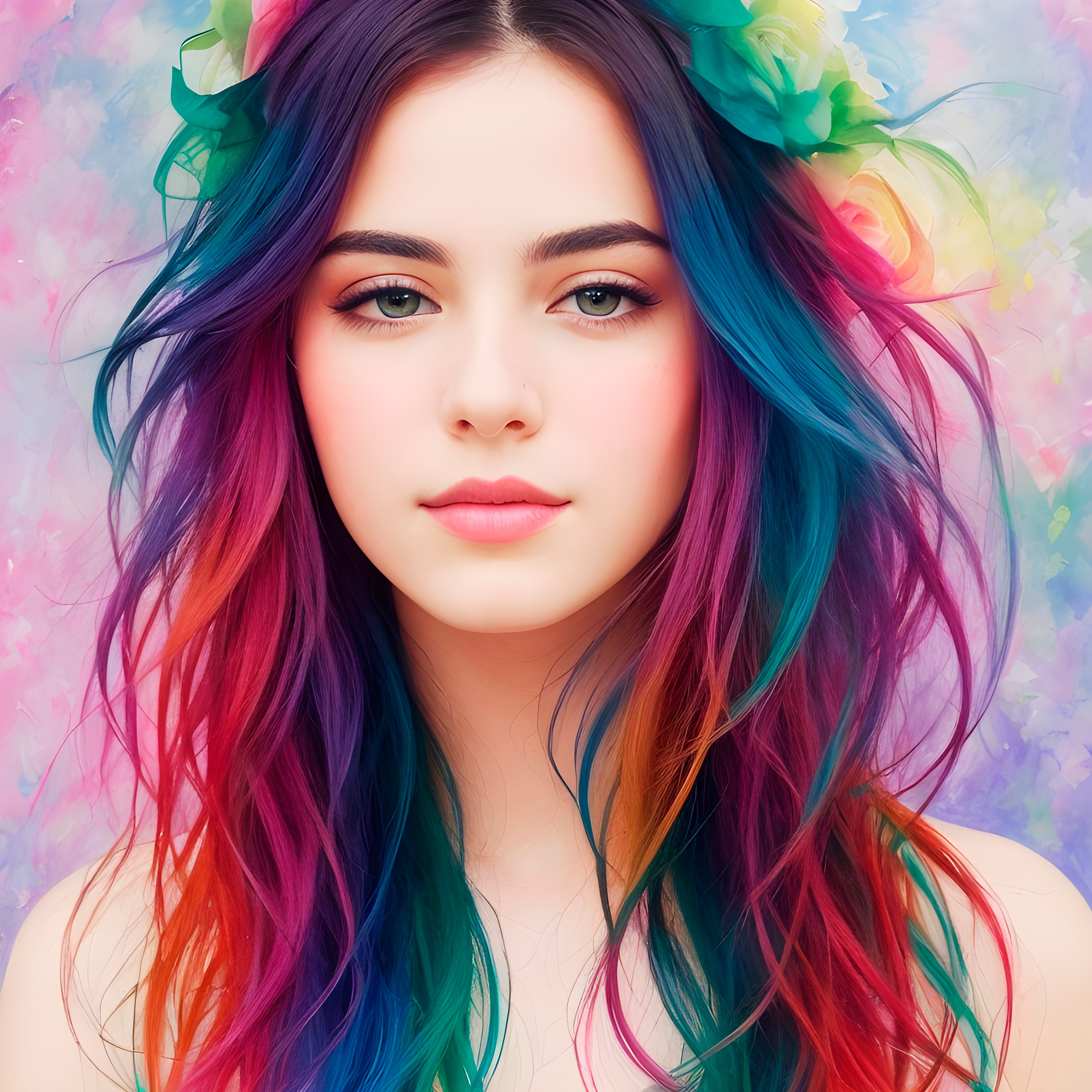Girl with multicolored hair,portrait,drawing,flowers in her hair