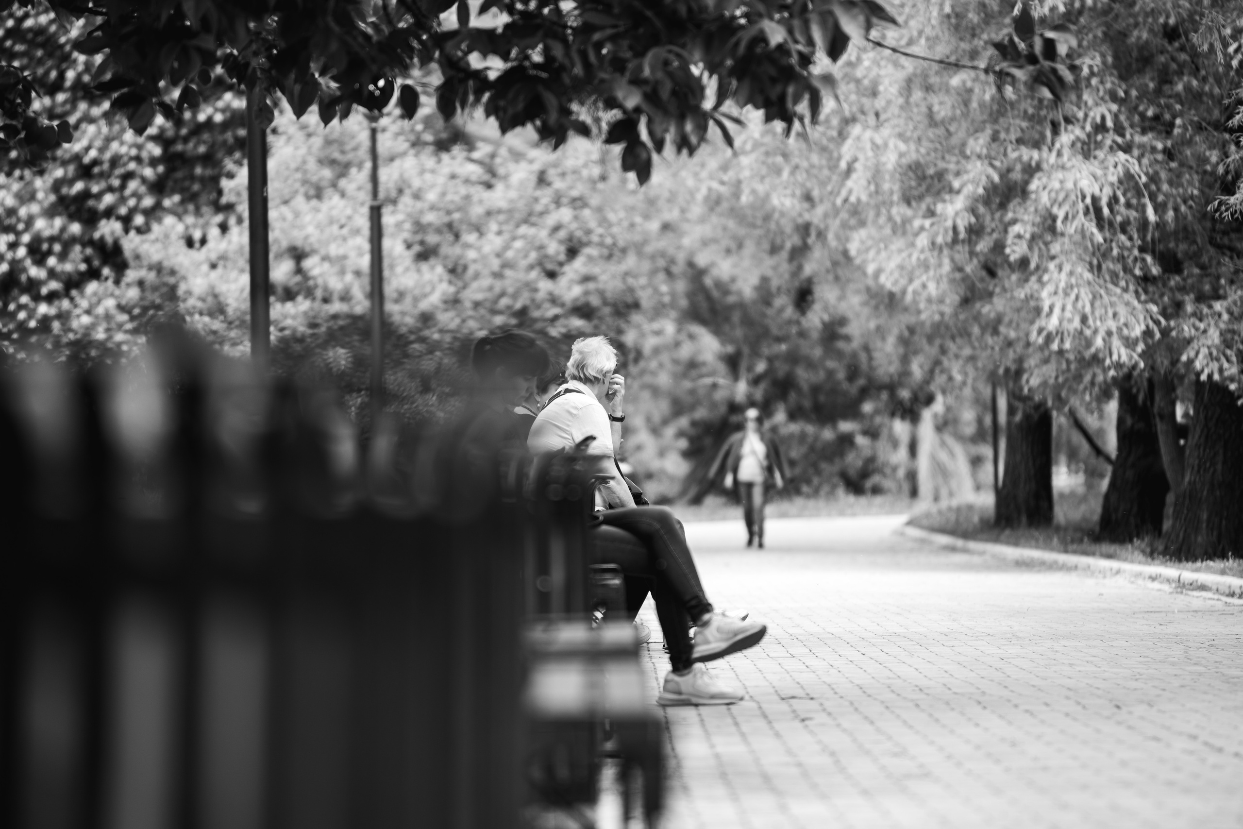 Люди на скамейках в парке у Новодевичьего монастыря