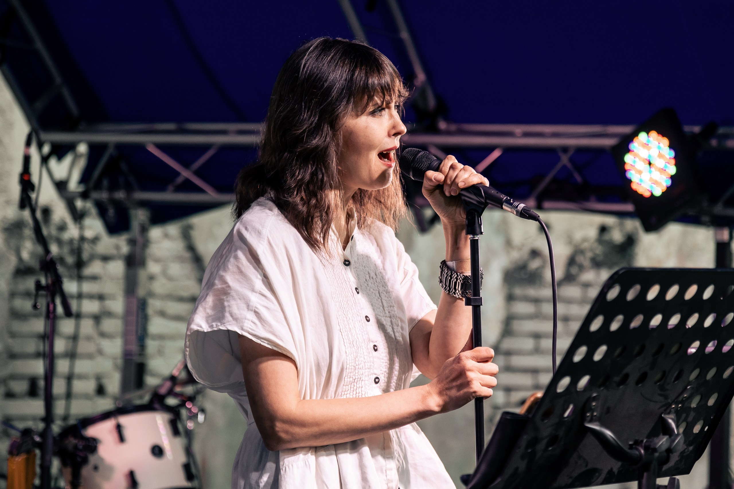 Певица исполняет музыкальную композицию во время концерта