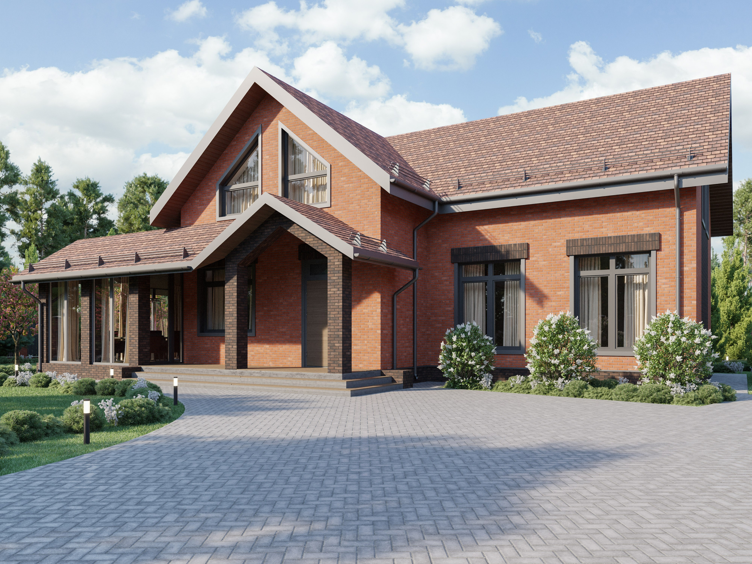 Озеленение территории вокруг кирпичного дома с бассейном и дорожками