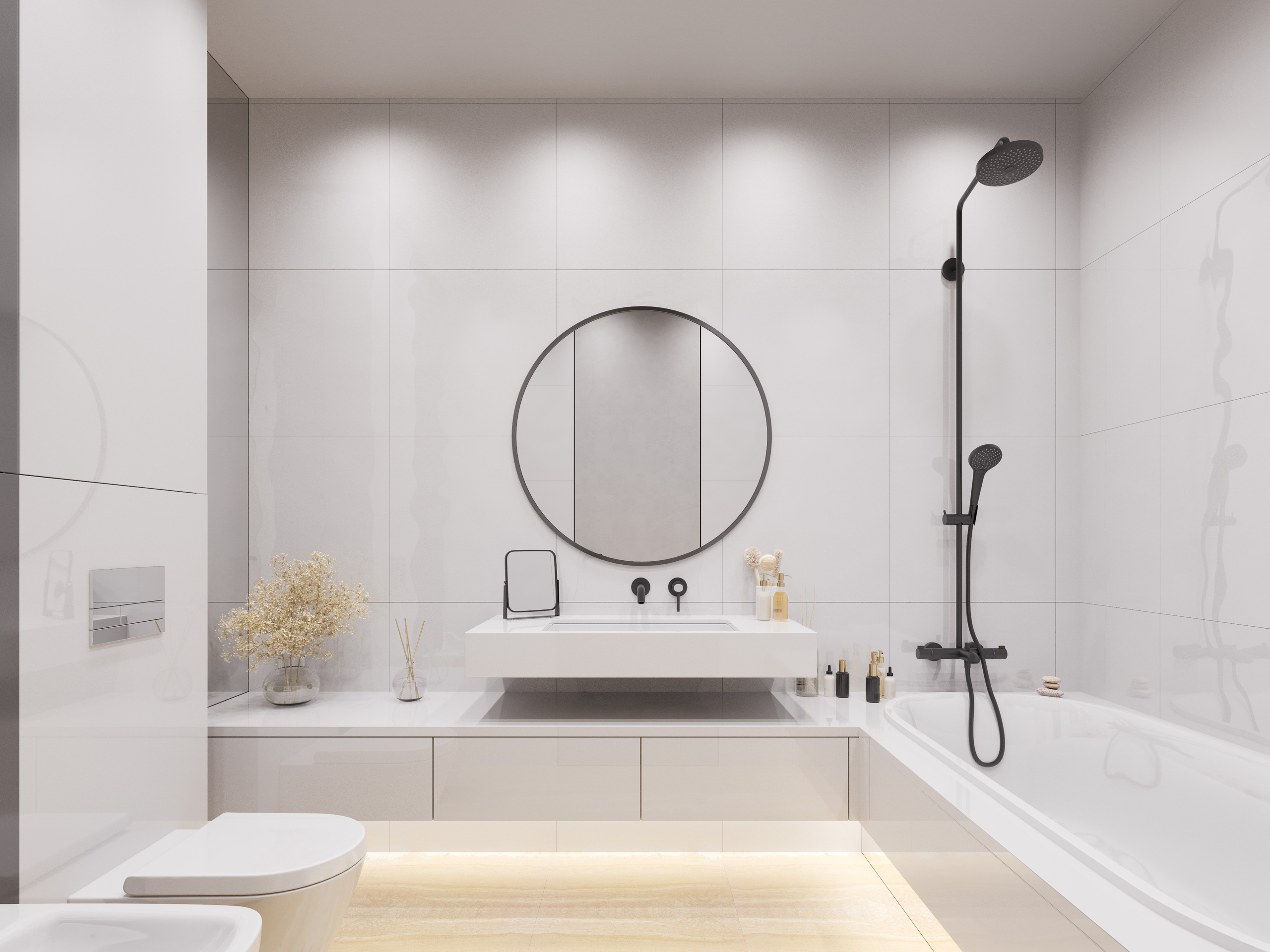 Современный санузел с круглым зеркалом и скрытой подсветкой: атмосфера спа-зоны, 3D-визуализация