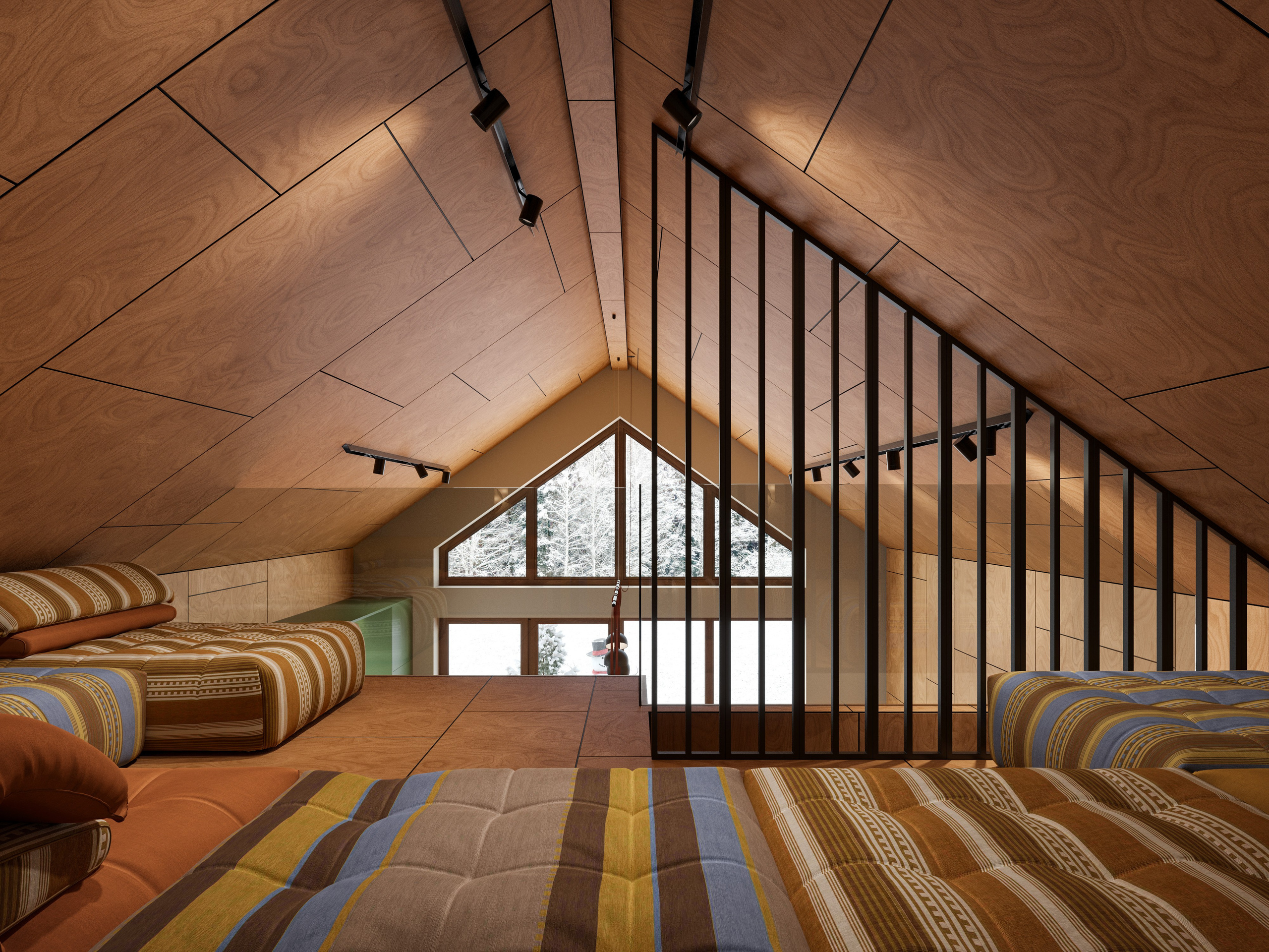 3Д визуализация мансардного этажа бани: галерея над гостиной с стеклянными перилами