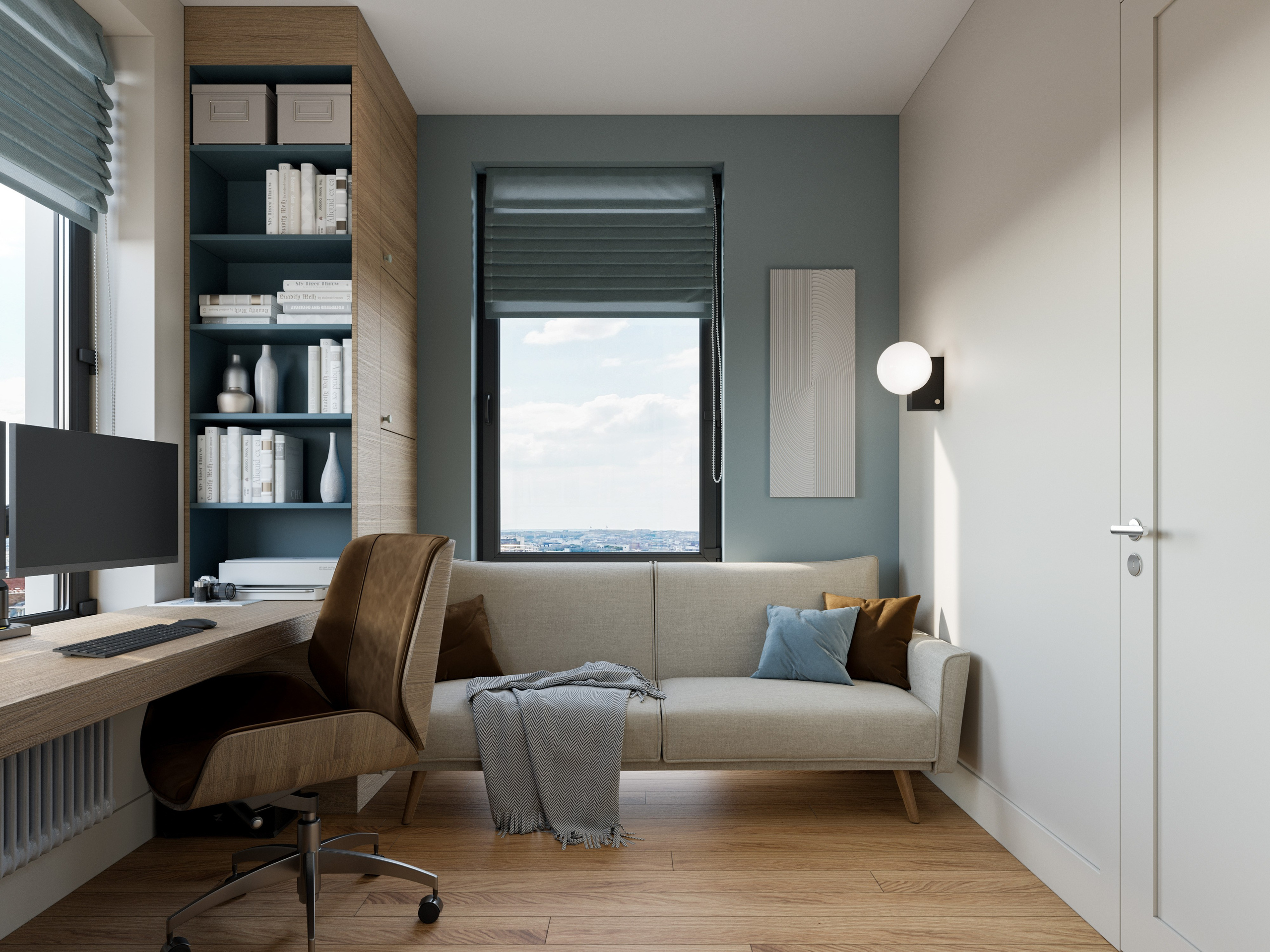 Компактный кабинет с встроенной мебелью и синими акцентами в минималистичном стиле