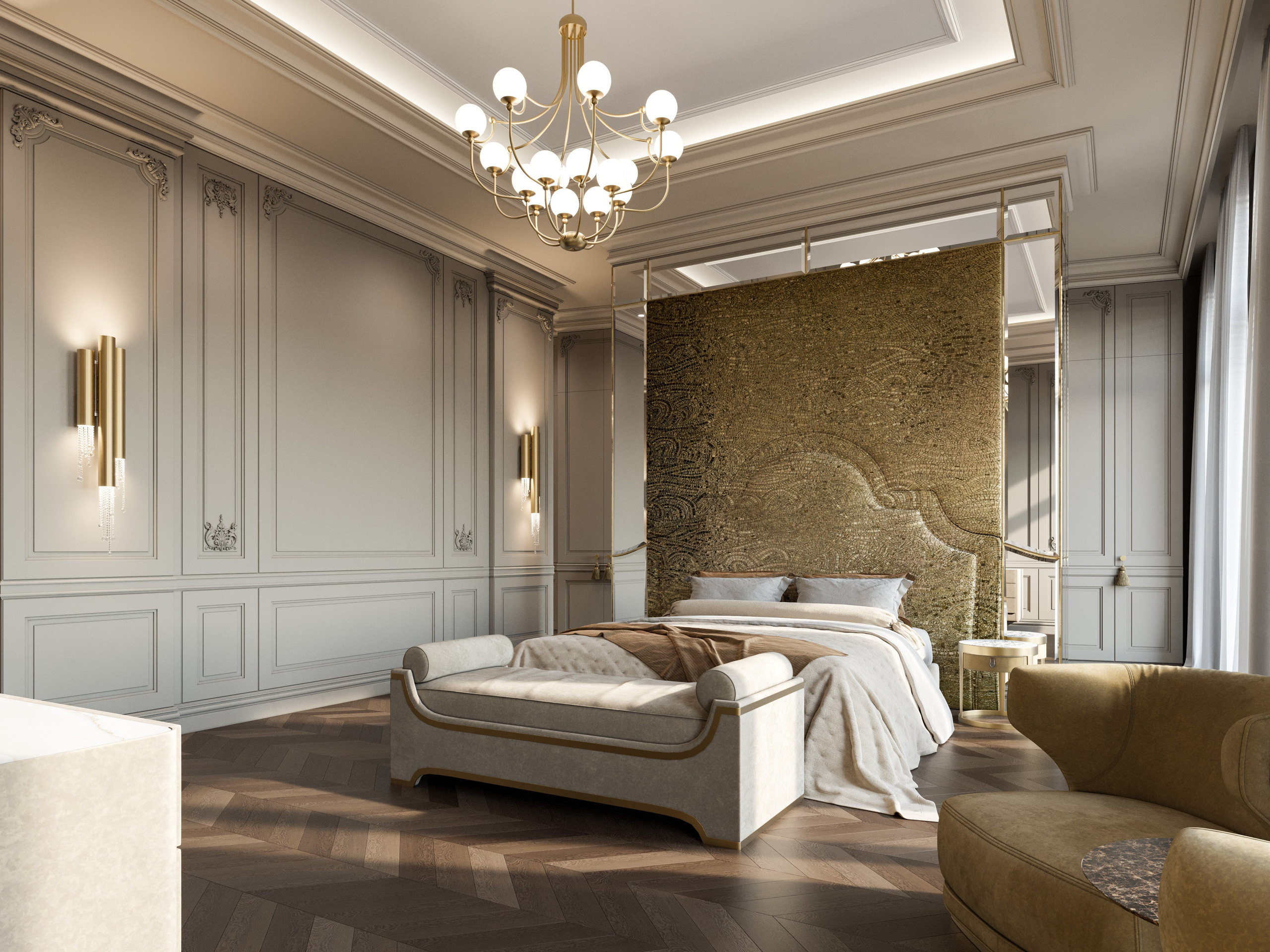 3D визуализация кровати с золотым изголовьем в светлой женской спальне