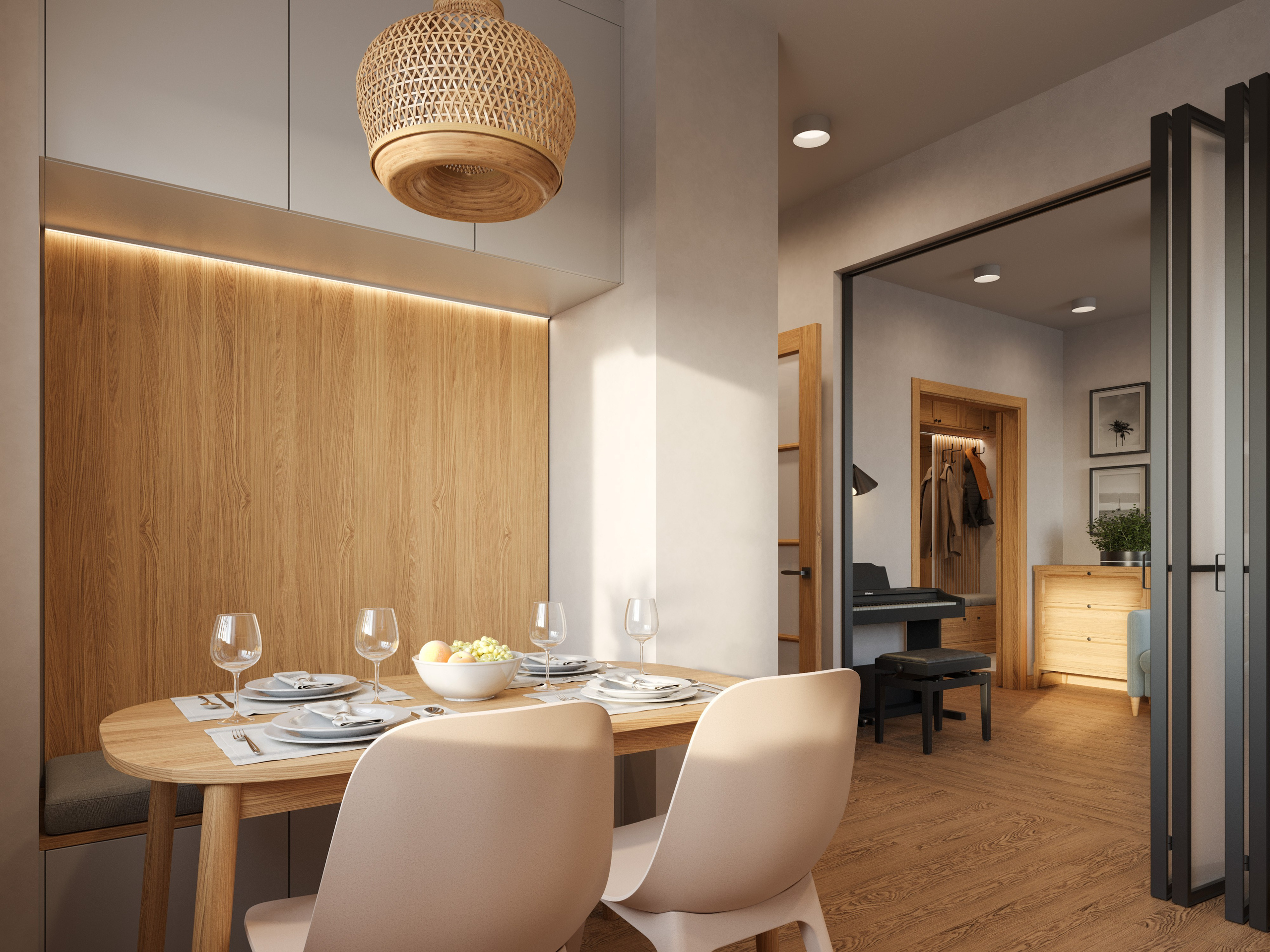 Умная кухня с деревянными фасадами, подсветкой и функциональной фурнитурой.