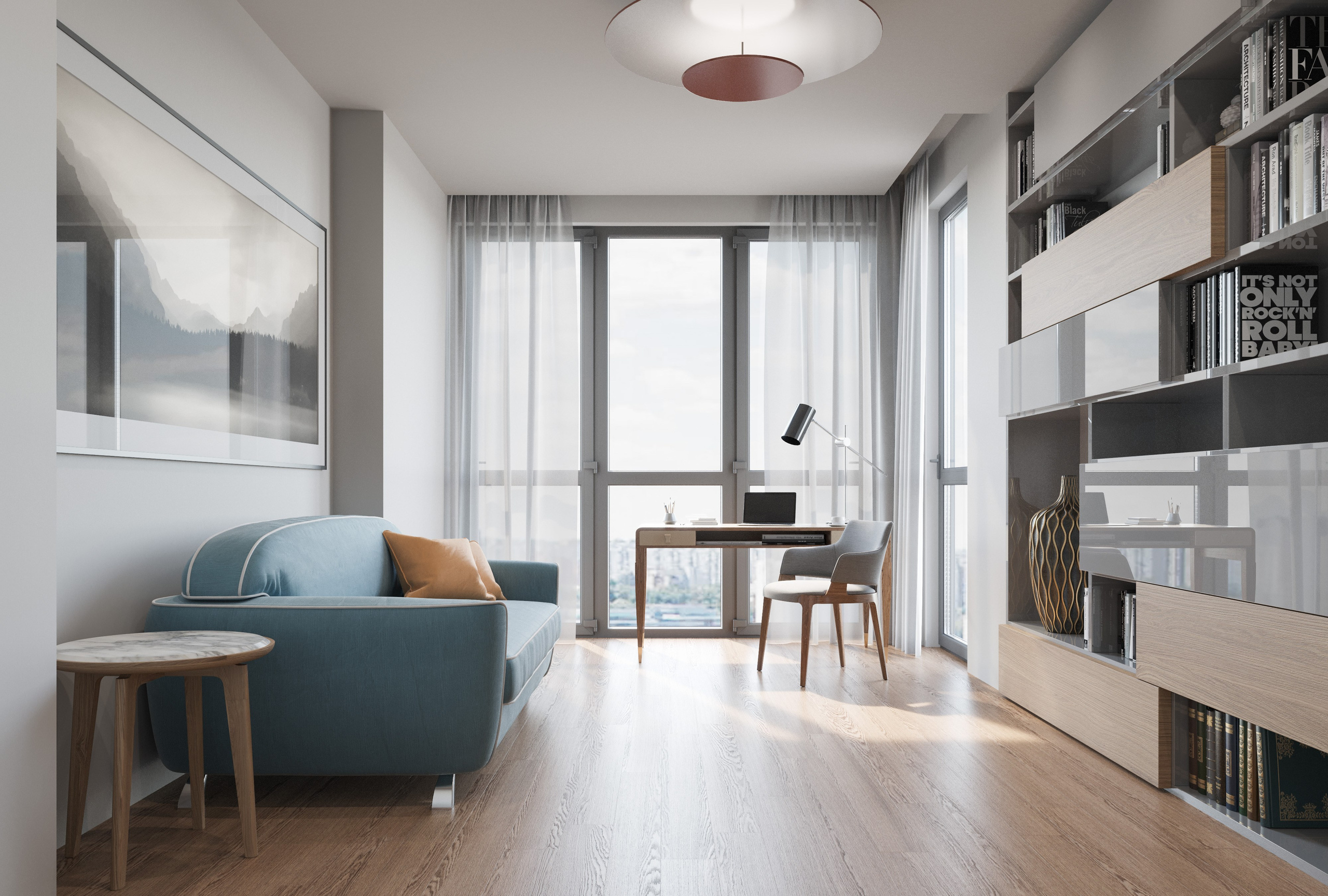 Кабинет-библиотека в современном стиле: открытые полки с книгами и зона для чтения с диваном