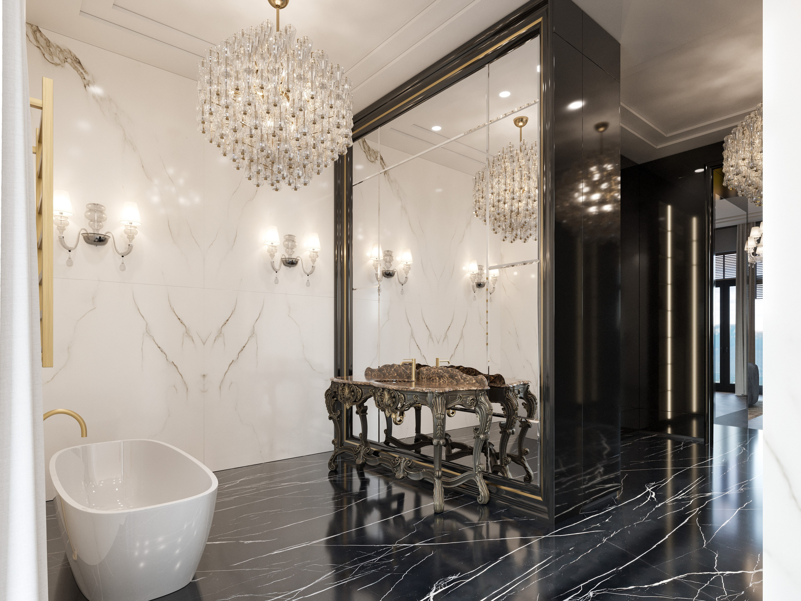 Ванная комната в черно-белой гамме с контрастной сантехникой