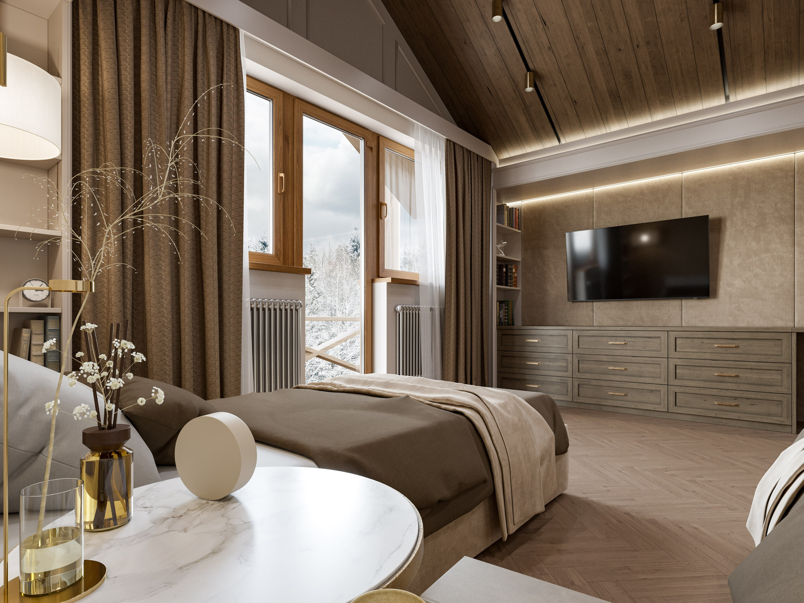 Небольшая спальня для гостей в срубе с встроенными полками и точечным освещением