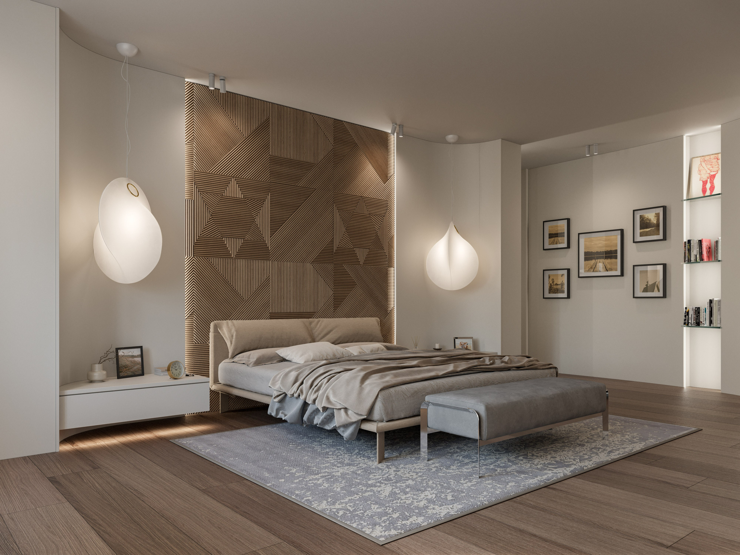 Спальня с плавными изголовьем кровати и округлыми прикроватными тумбами