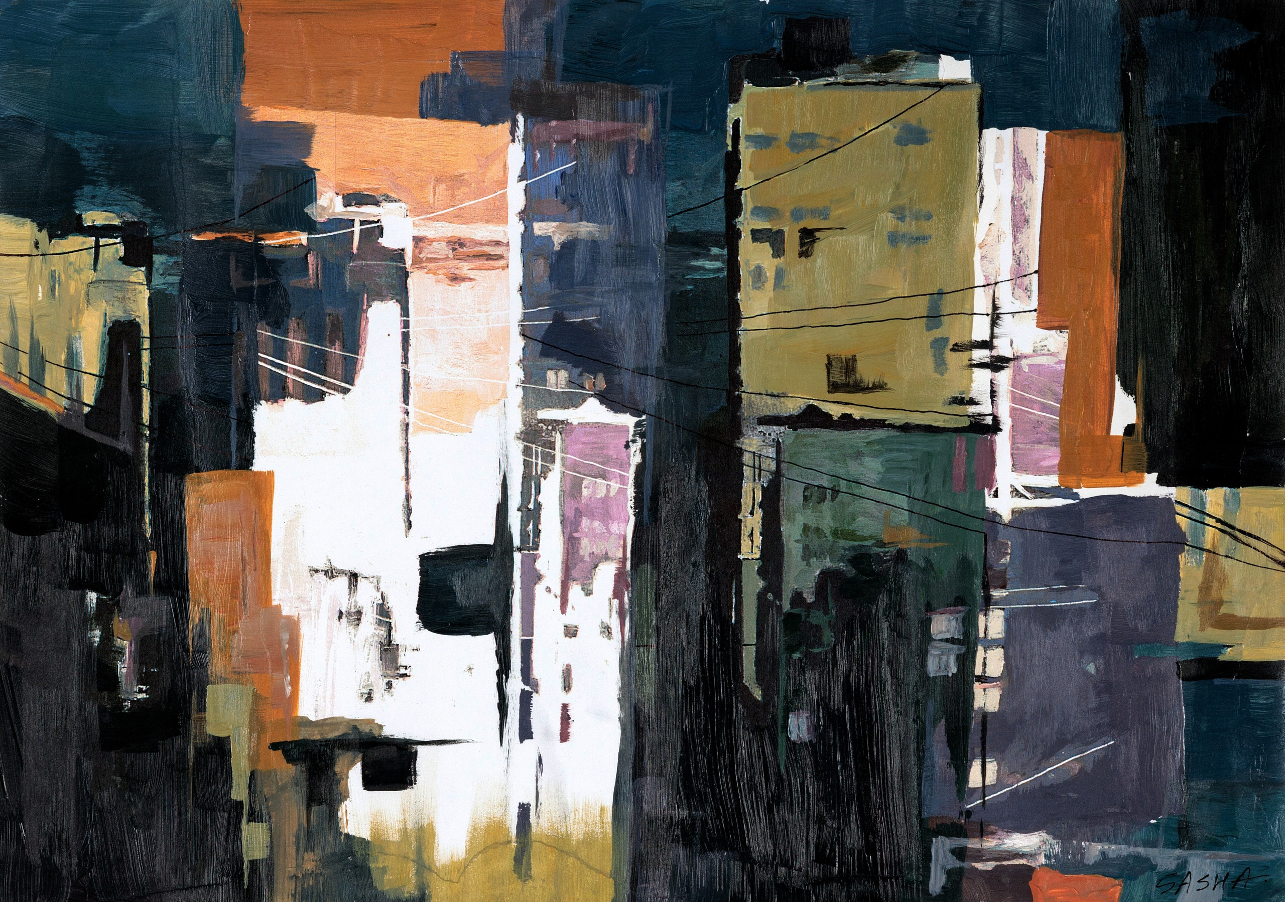 Абстрактная картина с изображением города, высотных зданий и линий электропередач