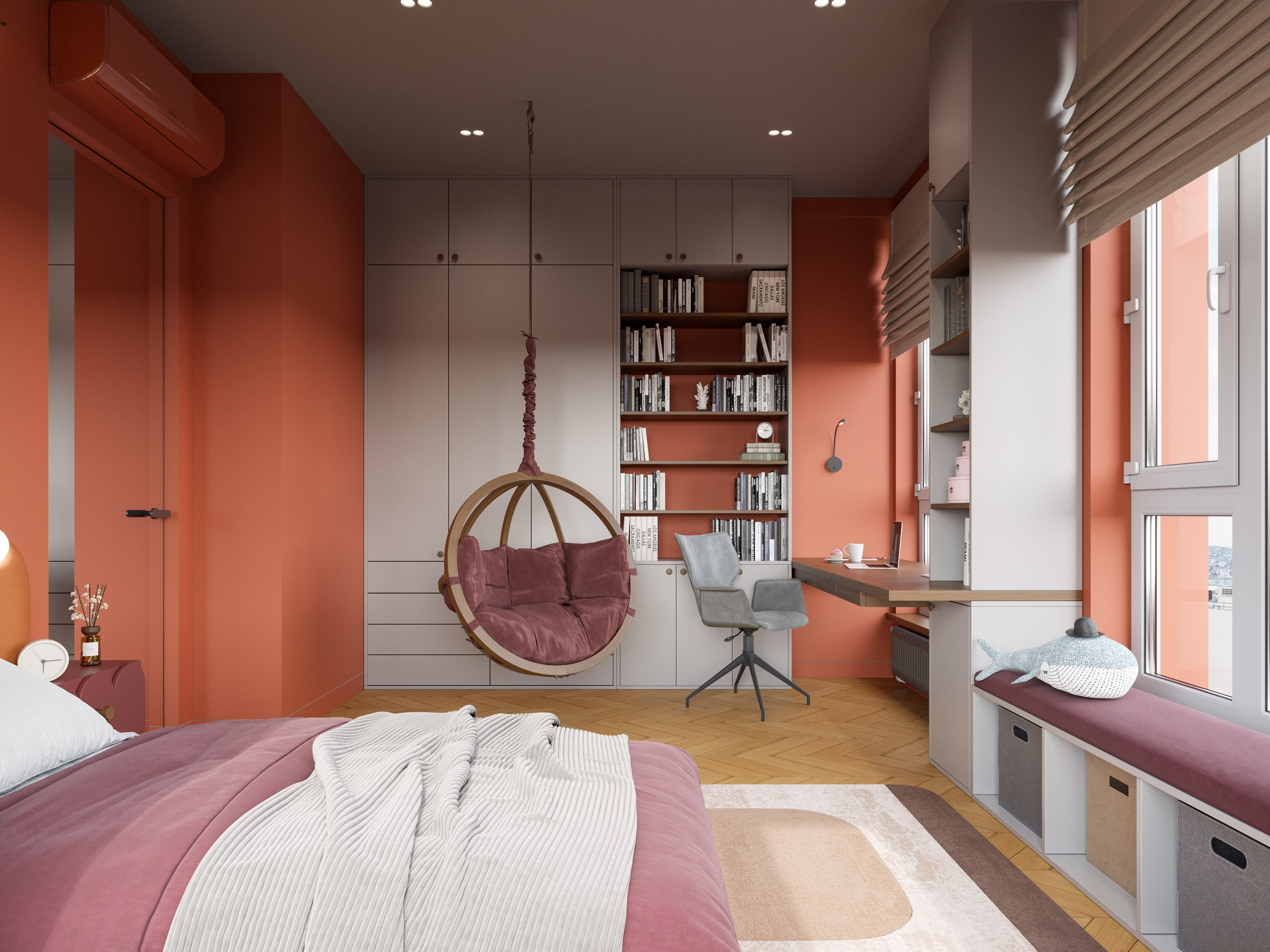 Яркая комната девочки с красным подвесным креслом и скамейкой у окна