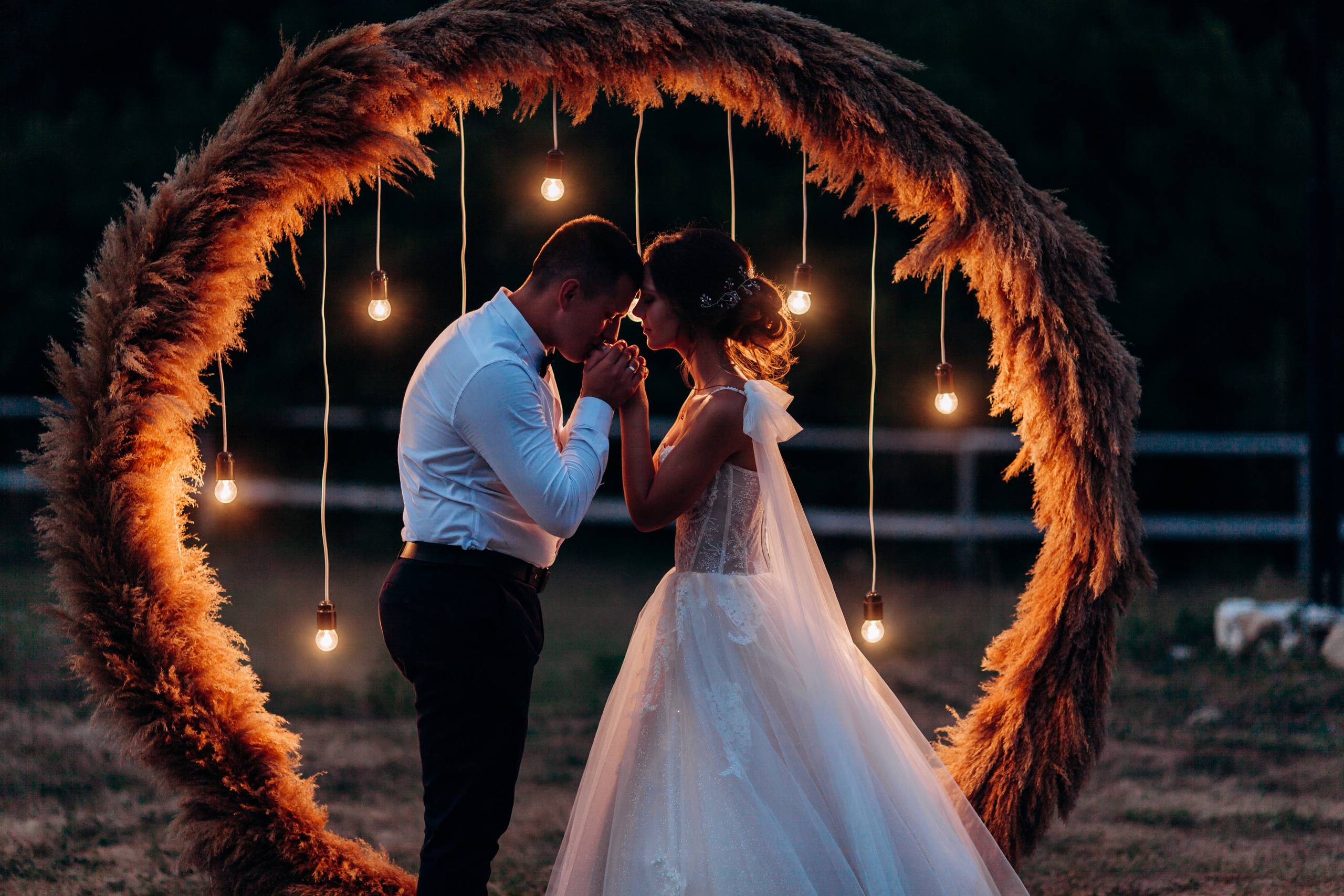 оформление свадеб, выездная церемония, красивый вечерний кадр молодожены, свадебная фотосессия владислав и анастасия макриди