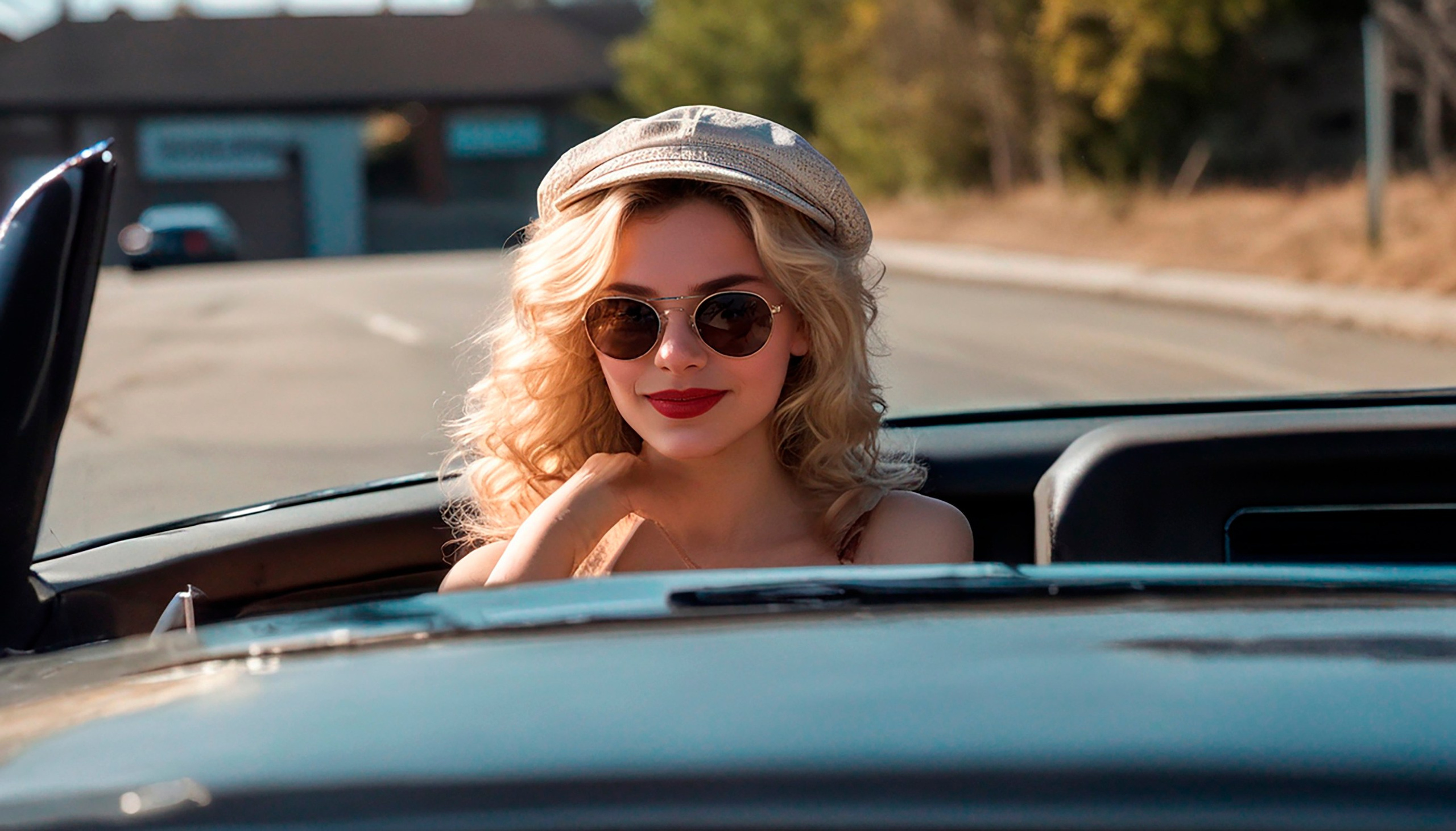 A blonde girl in black sunglasses and a white cap driving an open car,a slight smile, a sunny day, somewhere in America, our days..