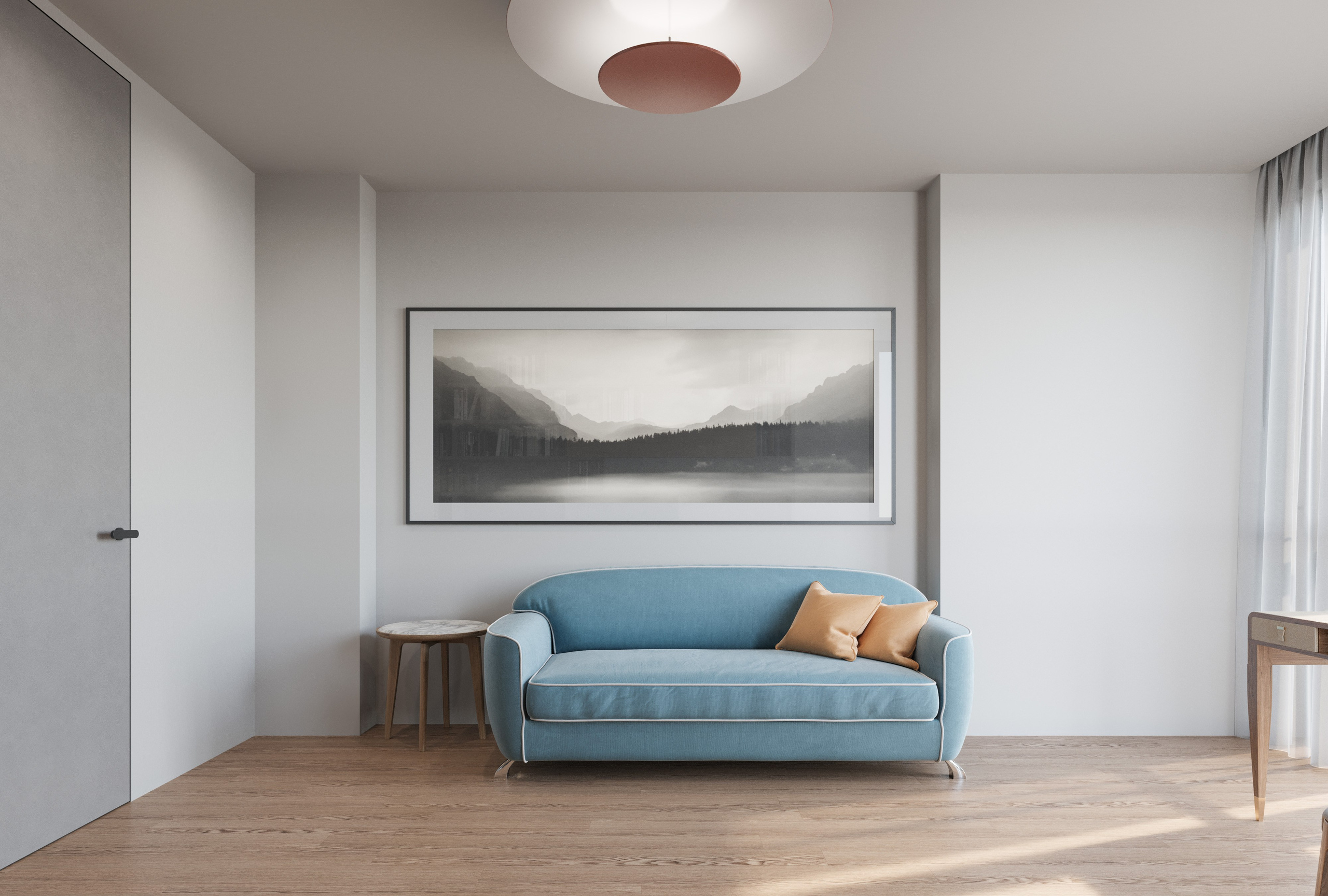 3D визуализация домашнего кабинета в современном стиле с панорамным окном и деревянной отделкой