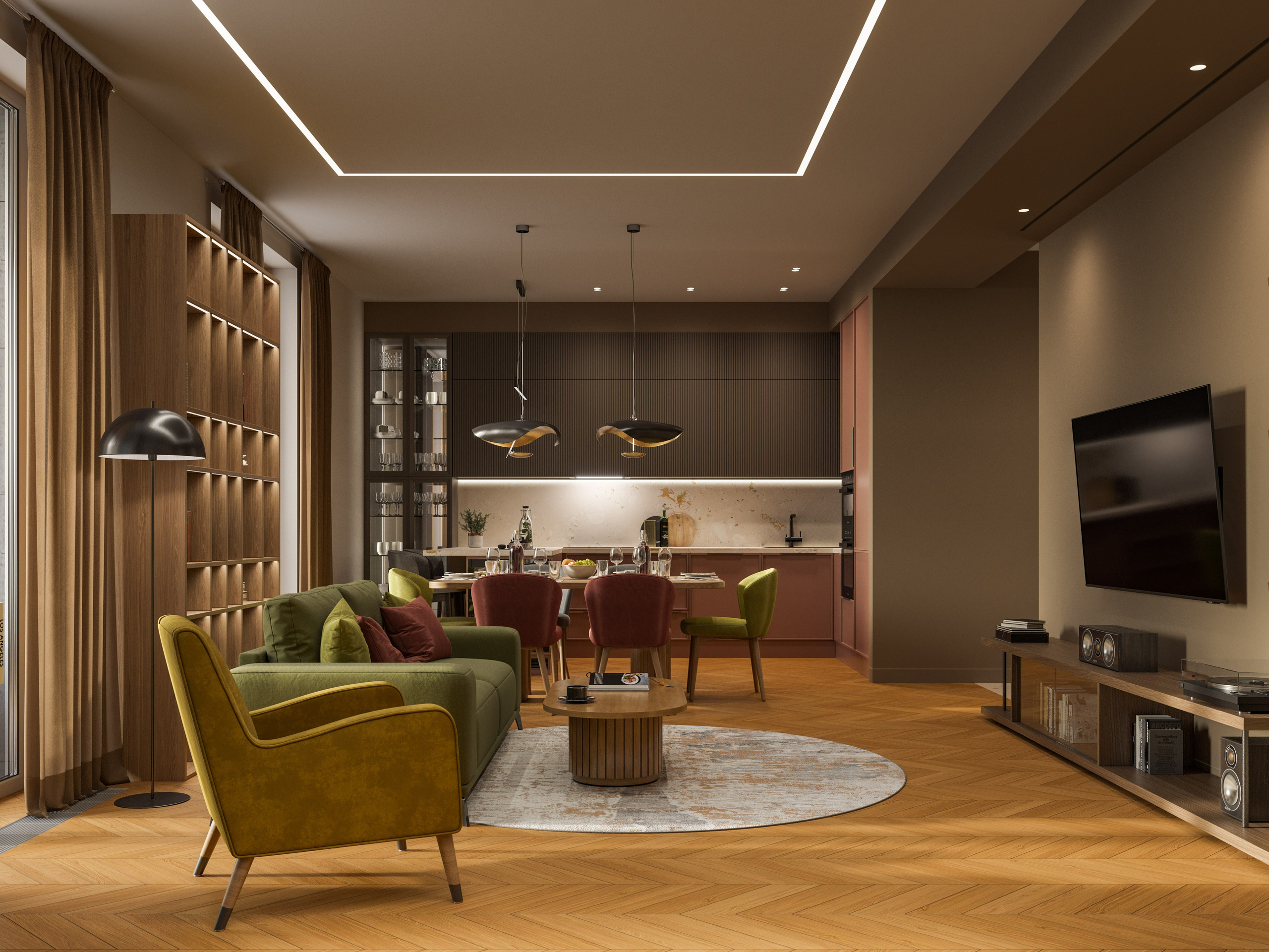 Столовая зона с зелеными и красными стульями и подвесными светильниками - 3D рендер