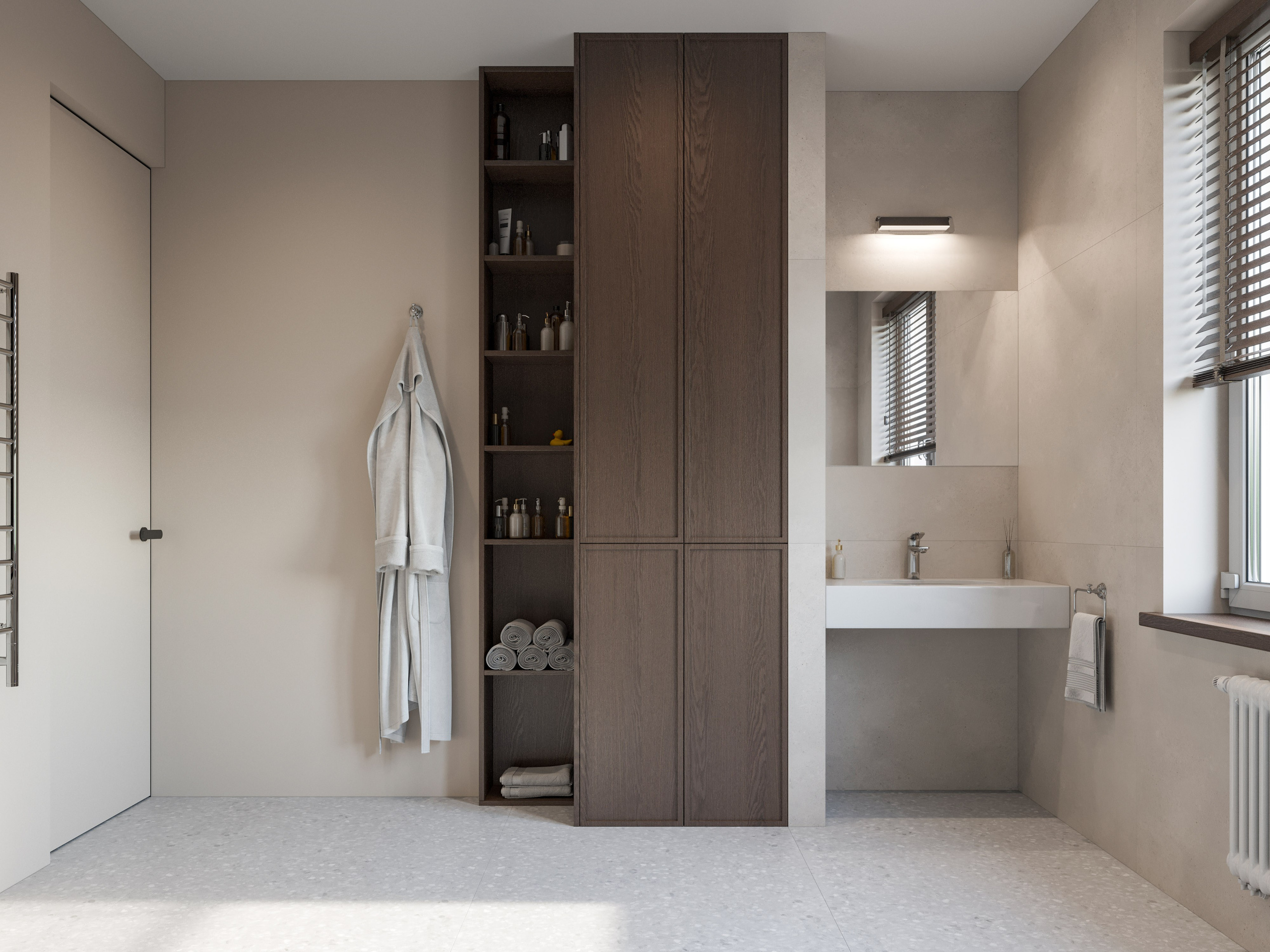 Прачечная зона с бежевой плиткой, раковиной и душевой в минималистичном стиле