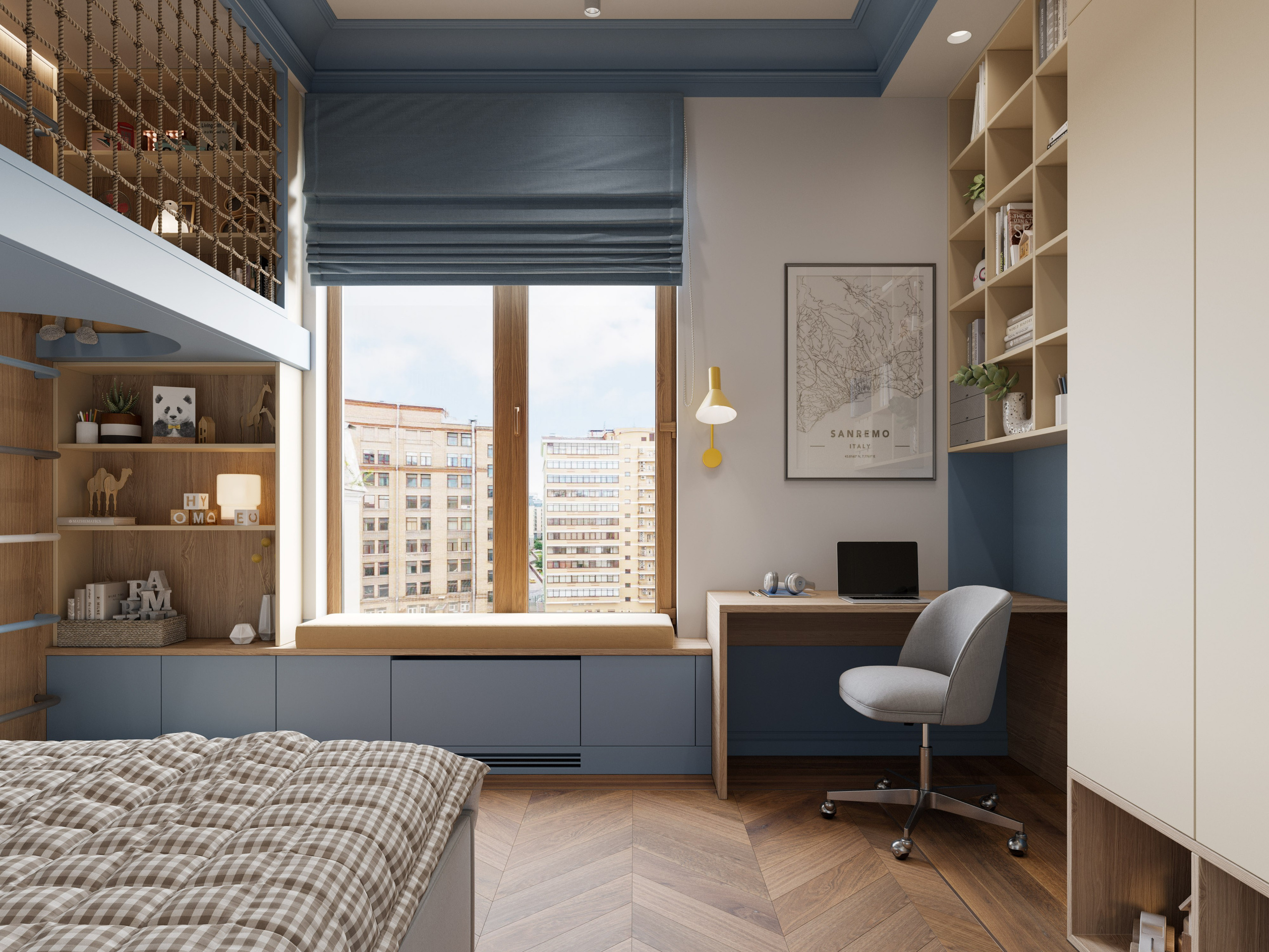 Учебный стол у окна в детской комнате с современным стулом и полками