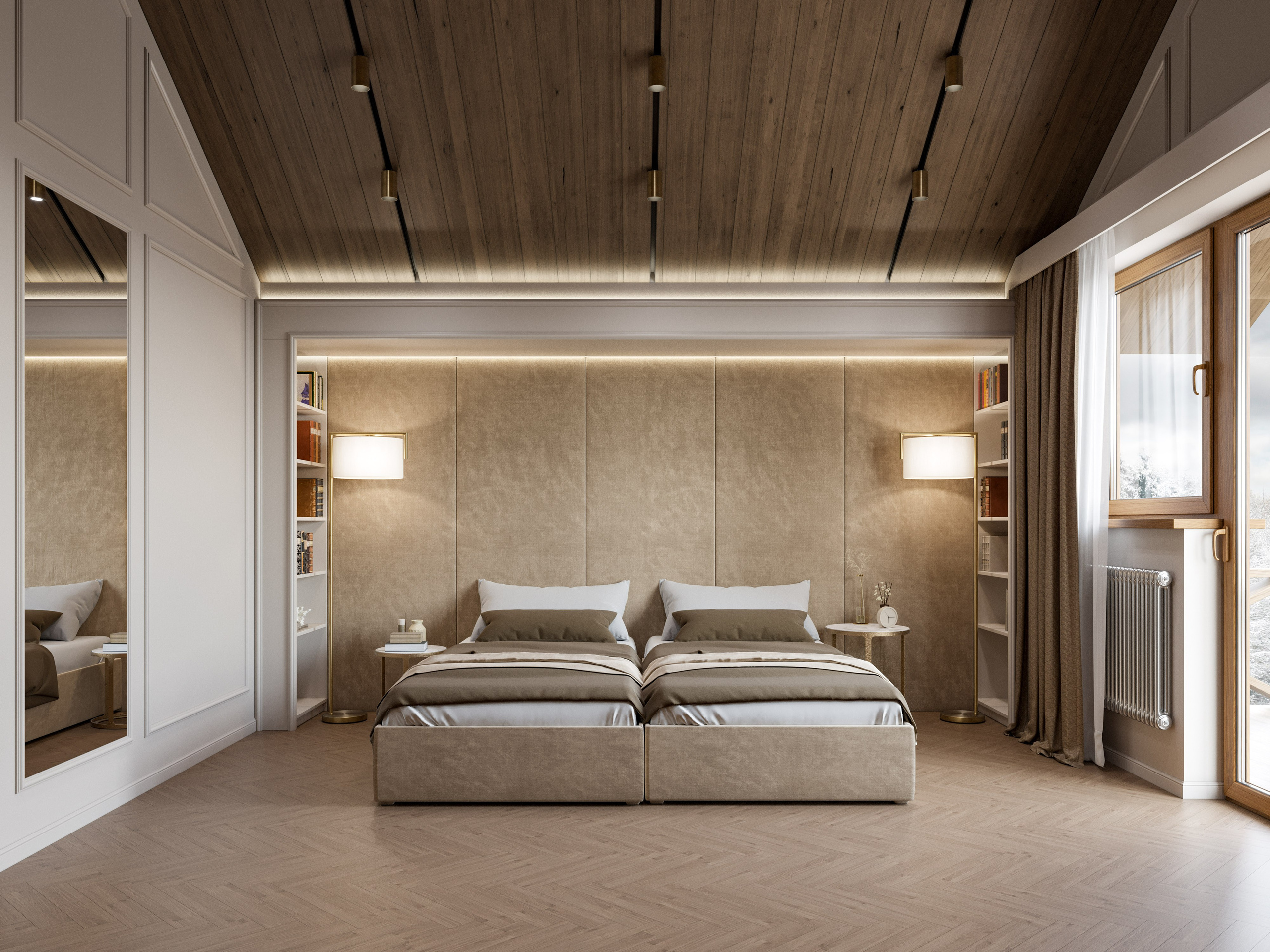 3D визуализация гостевой спальни в доме из сруба с двумя кроватями и тумбами