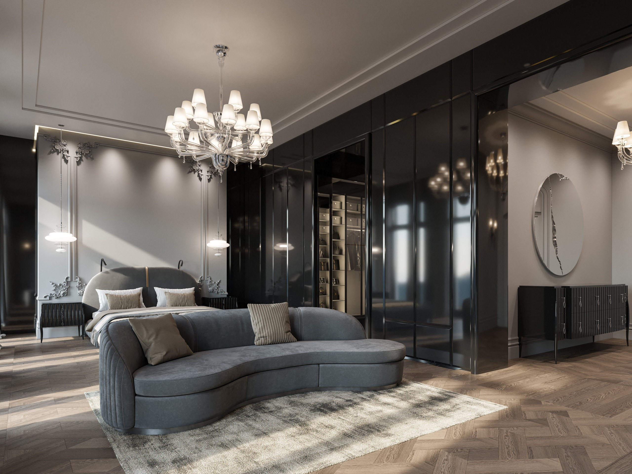 3D визуализация женской спальни в черно-белой гамме с контрастным лепным потолком