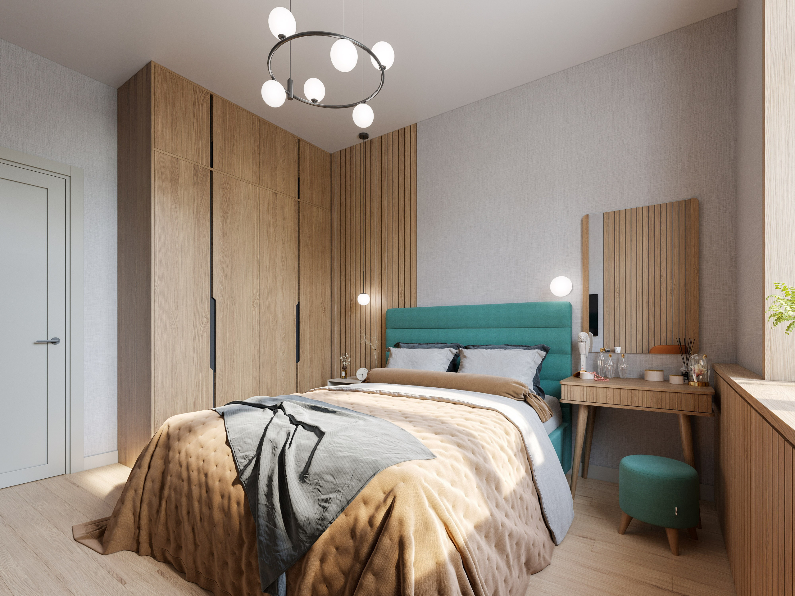 Минималистичный интерьер спальни с шкафом во всю стену и небольшим туалетным столиком вместо прикроватной тумбочки