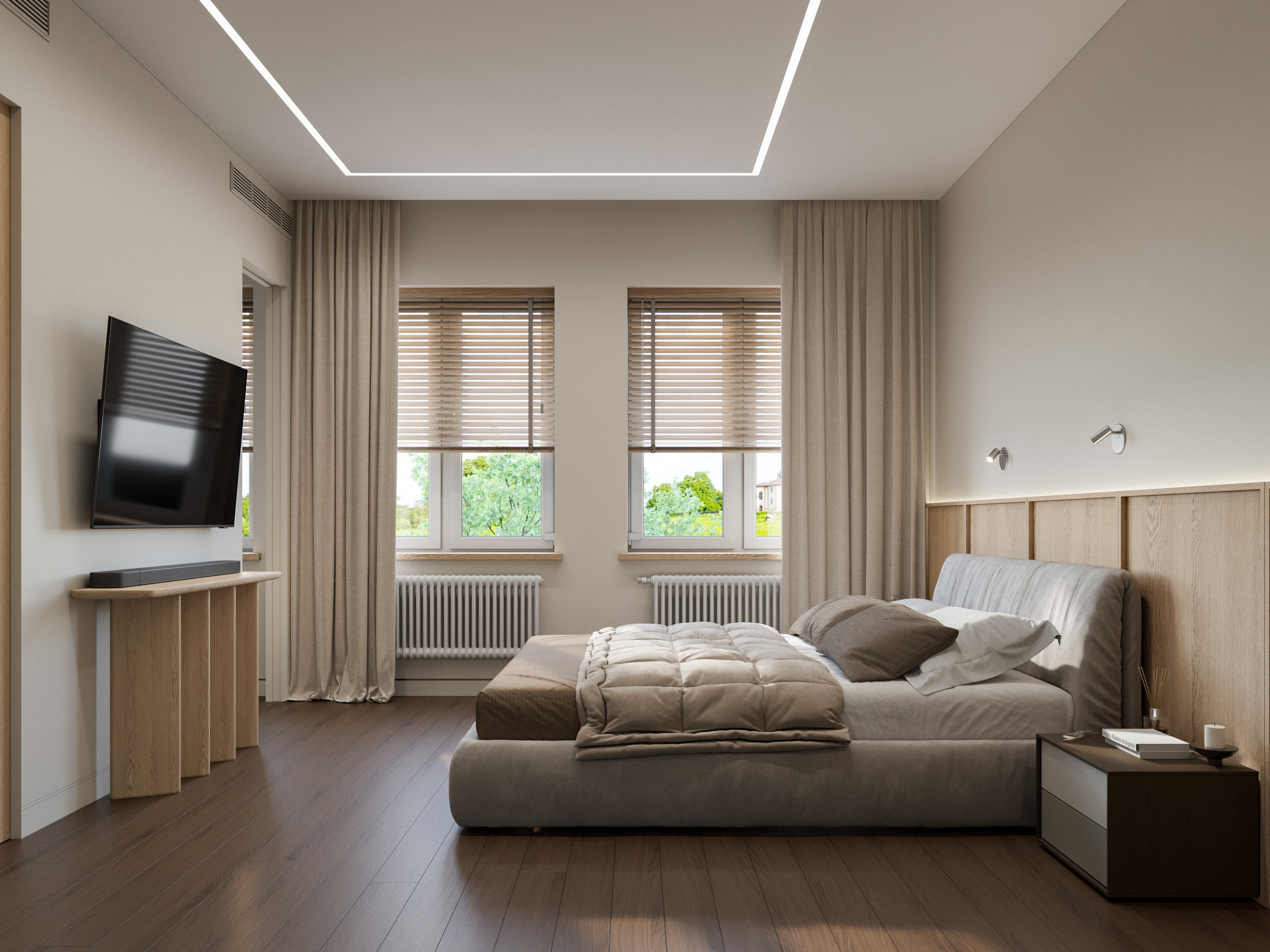 Прикроватная зона с деревянными тумбами и встроенными светильниками