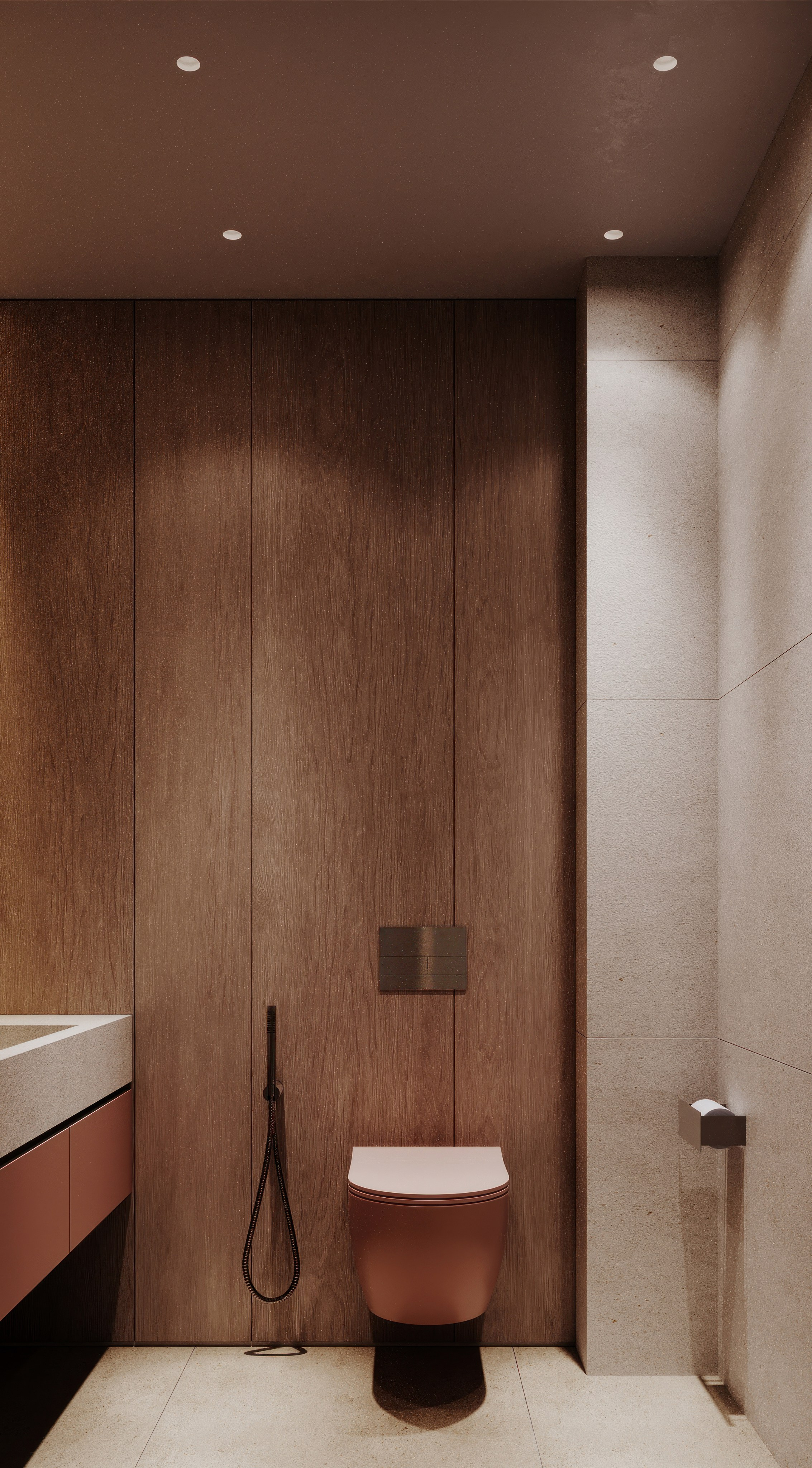 визуализация санузла в салоне красоты    в нежных тонах  в сером минималистичном современном  стиле